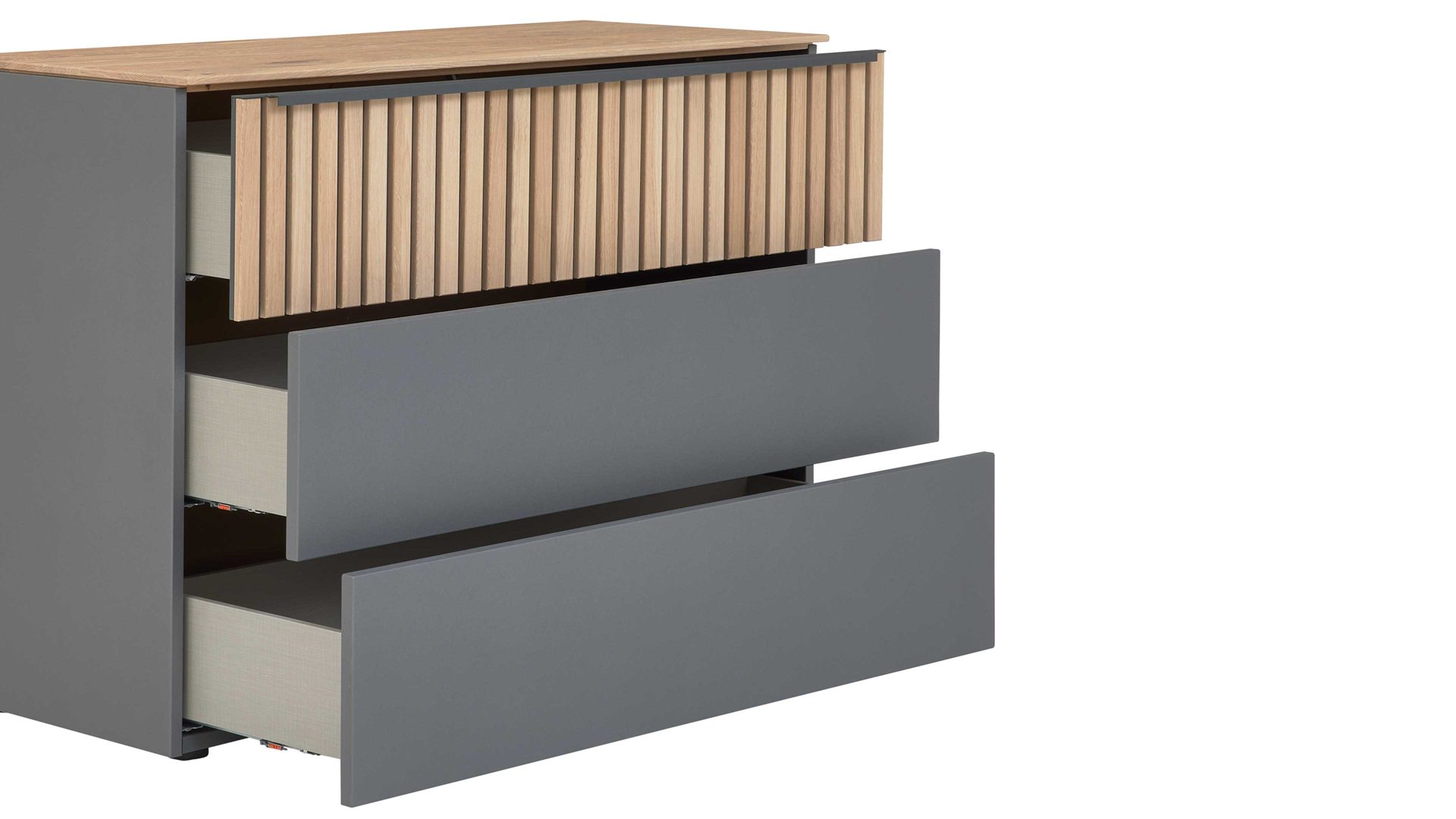 Schubladenkommode Interliving aus Holz in Dunkelgrau Interliving Schlafzimmer Serie 1029 – Schubladenkommode Graphit & Wildeiche - drei Schubladen, Breite ca. 115 cm