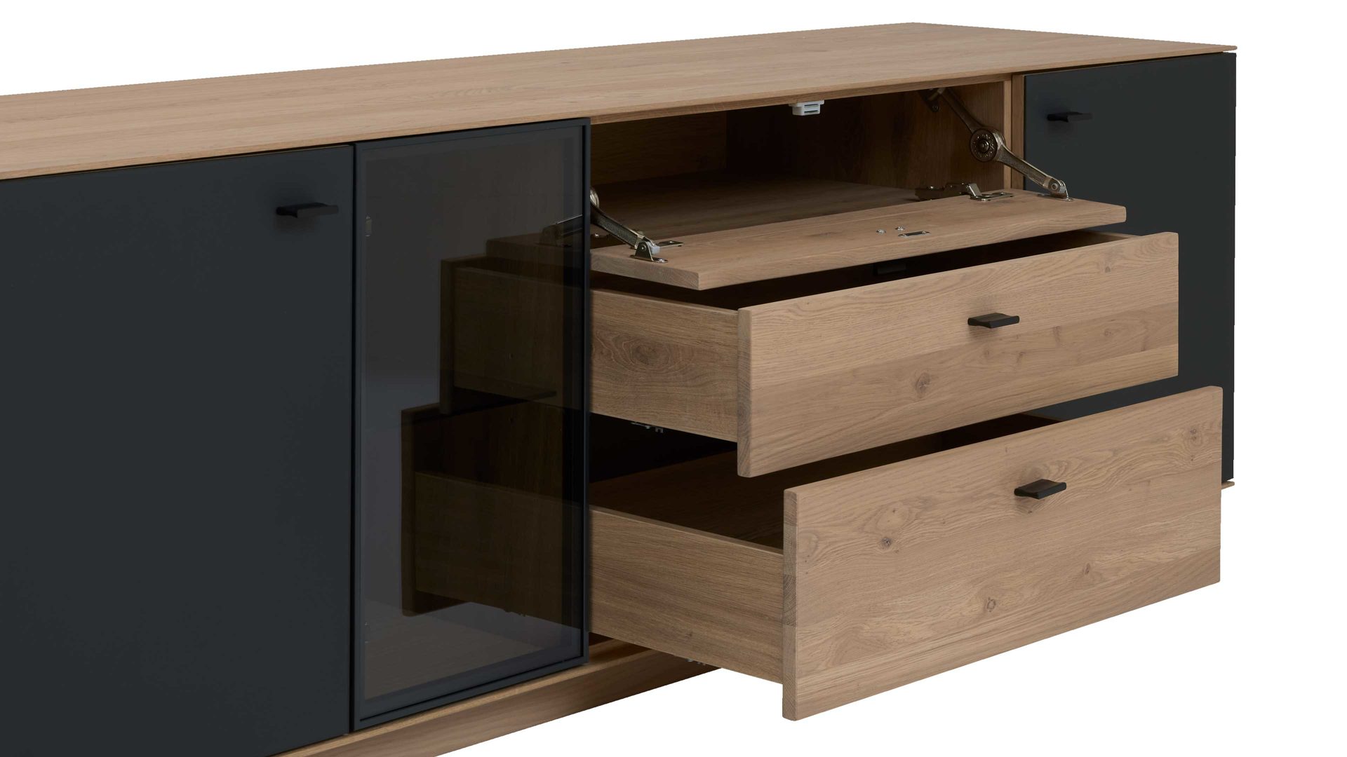 Lowboard Interliving aus Holz in Holzfarben Interliving Wohnzimmer Serie 2025 - Lowboard 32 Wildeiche, Anthrazit & Kork - Breite ca. 195 cm