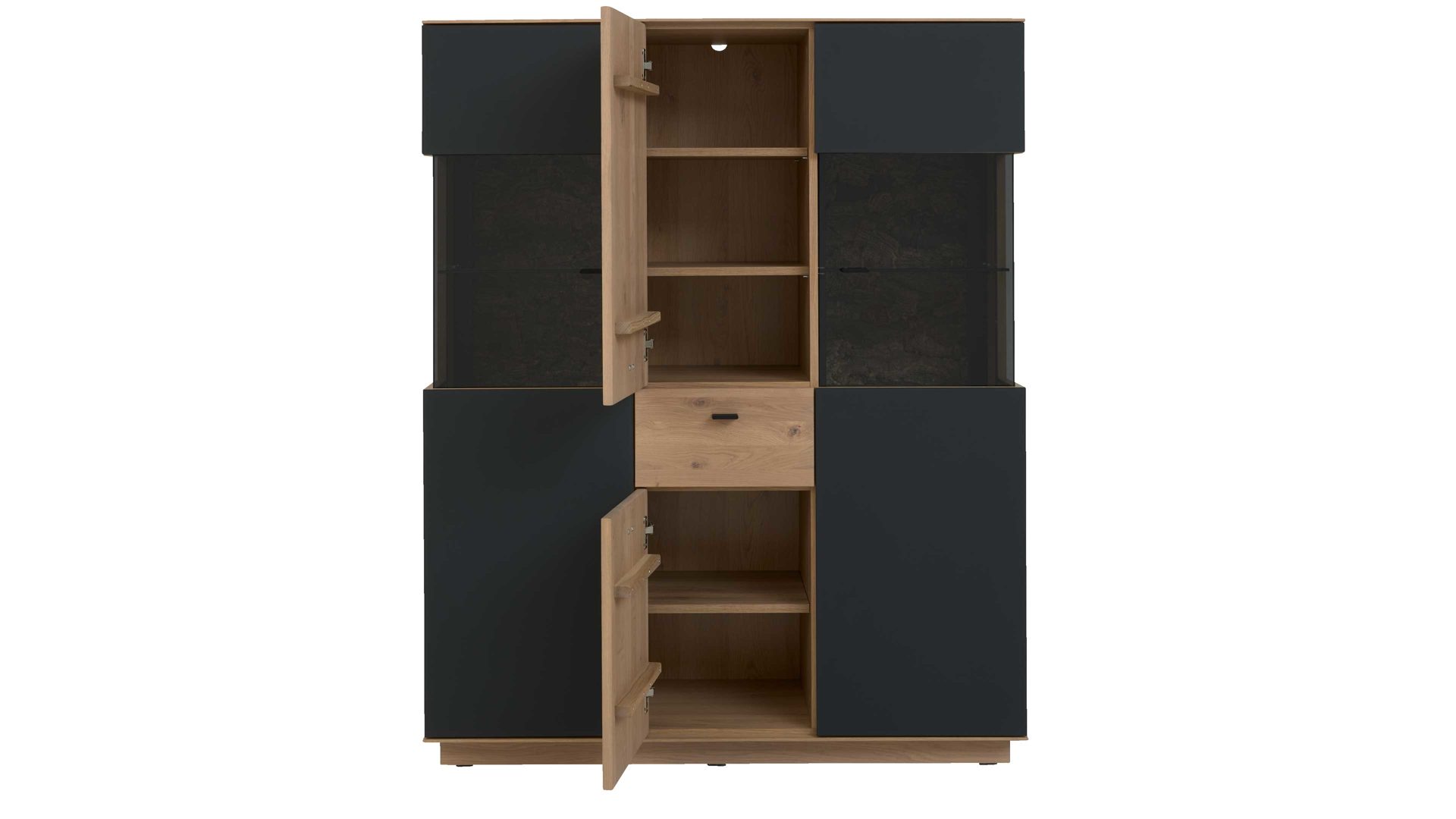 Highboard Interliving aus Holz in Holzfarben Interliving Wohnzimmer Serie 2025 - Highboard 22 Wildeiche, Anthrazit & Kork - vier Türen, eine Schublade, Breite ca. 116 cm