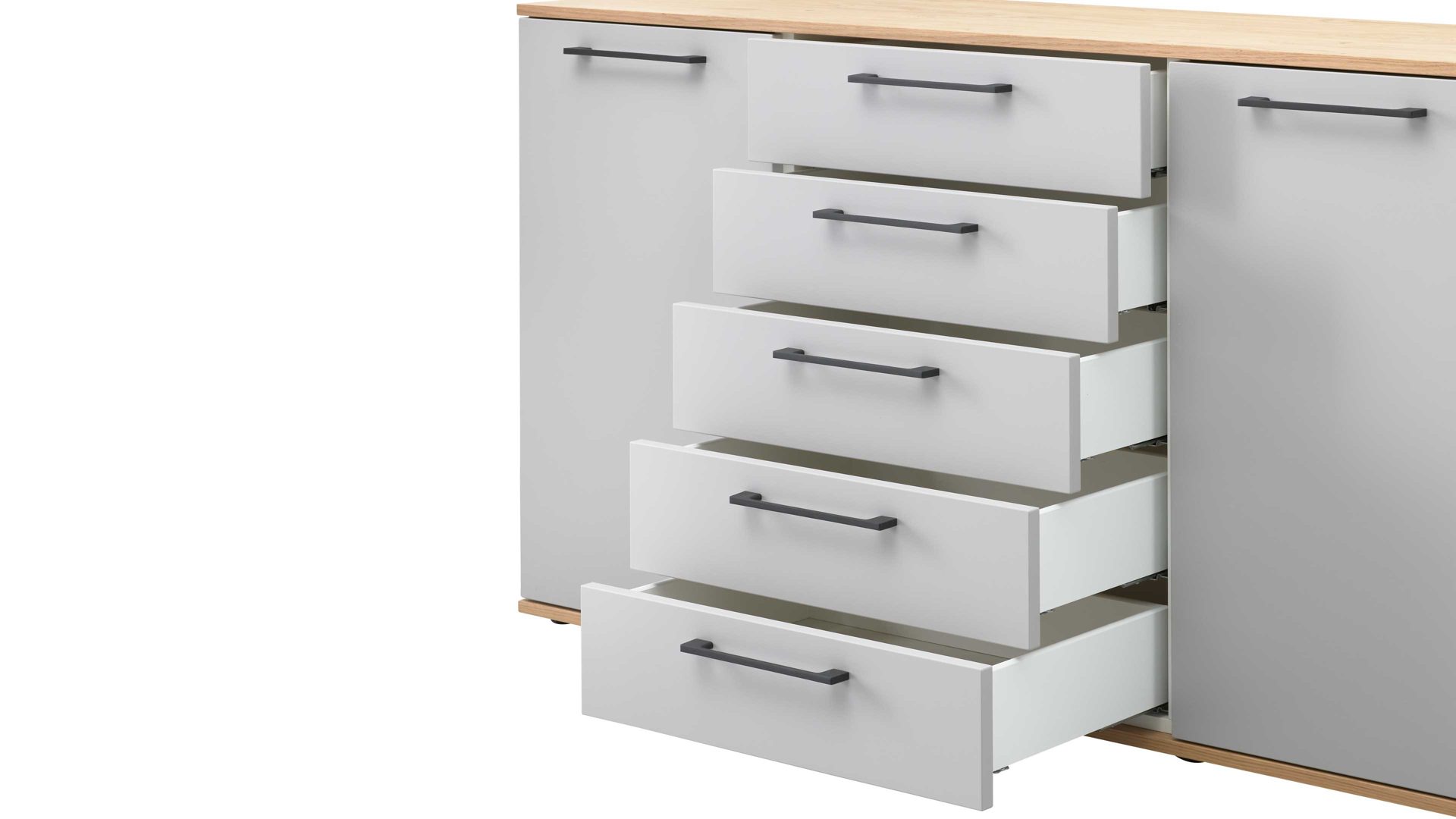 Kombikommode Interliving aus Holz in Hellgrau Interliving Kleiderschrank Serie 1207 – Kombikommode 670065 Satingrau & Wildeiche – zwei Türen, fünf Schubladen, Breite ca. 151 cm