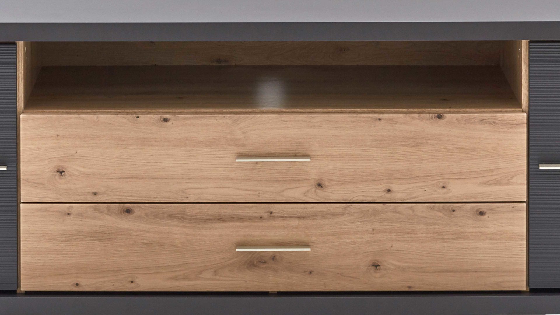 Lowboard Ideal möbel aus Holz in Dunkelgrau Medien-Lowboard Manhattan Grau & Eiche Artisan – zwei Türen, zwei Schubladen, Länge ca. 179 cm