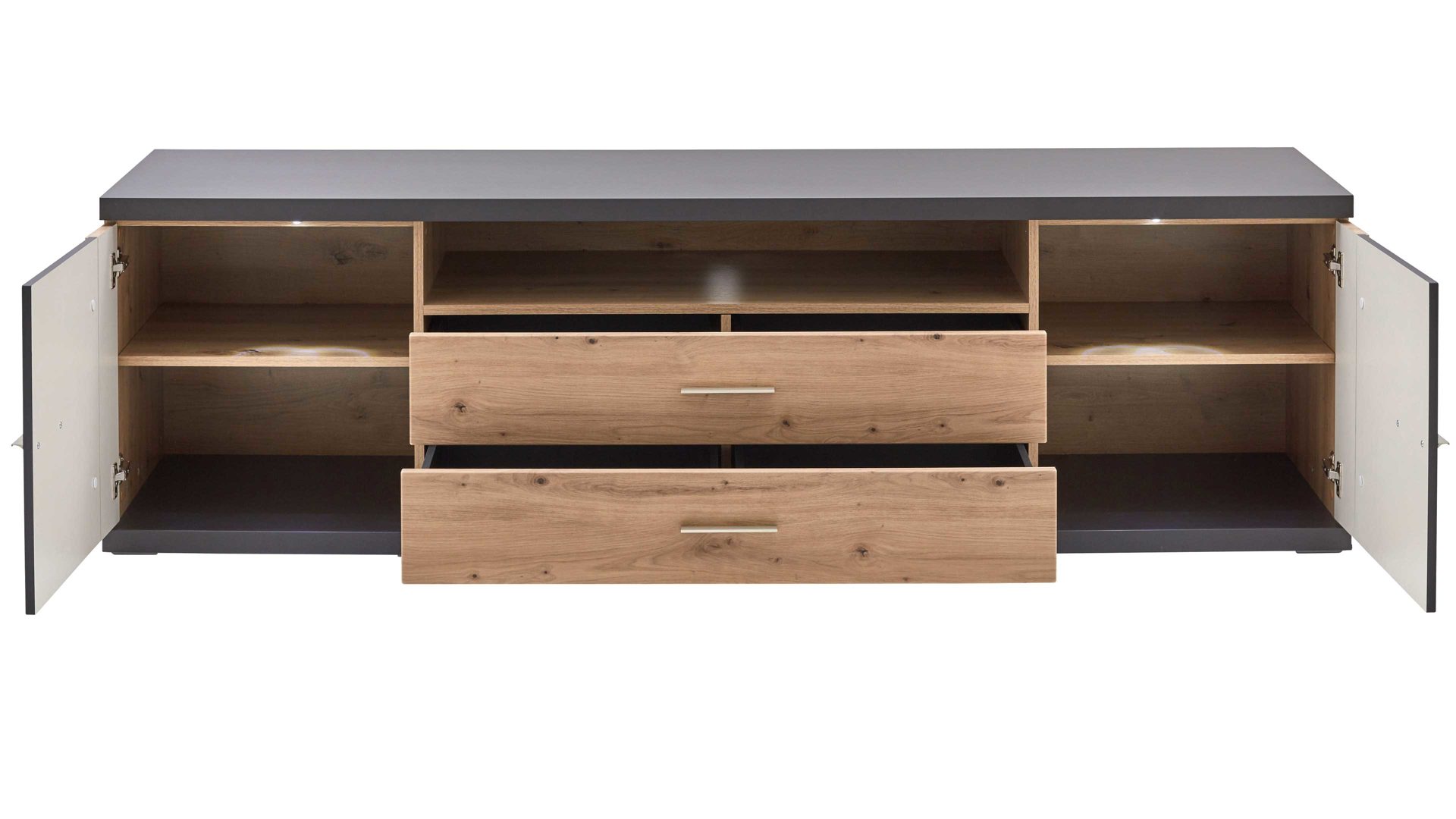 Lowboard Ideal möbel aus Holz in Dunkelgrau Medien-Lowboard Manhattan Grau & Eiche Artisan– zwei Türen, zwei Schubladen, Länge ca. 207 cm