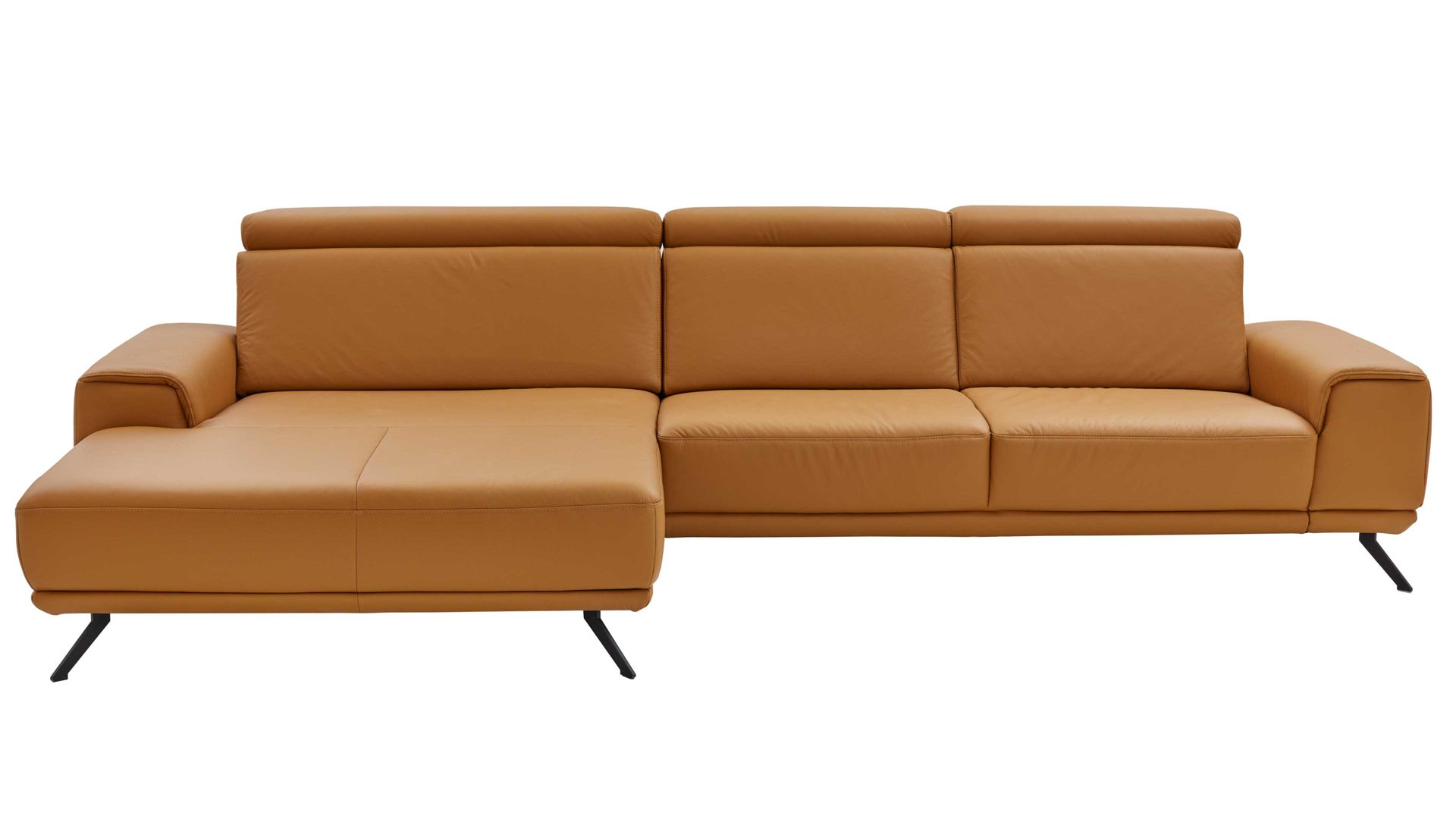 Ecksofa modulmaster aus Leder in Orange Modulmaster MM-PN1167 - Ecksofa kurkumafarbenes Leder Torro & schwarze Metallfüße - Stellfläche ca. 188 x 335 cm
