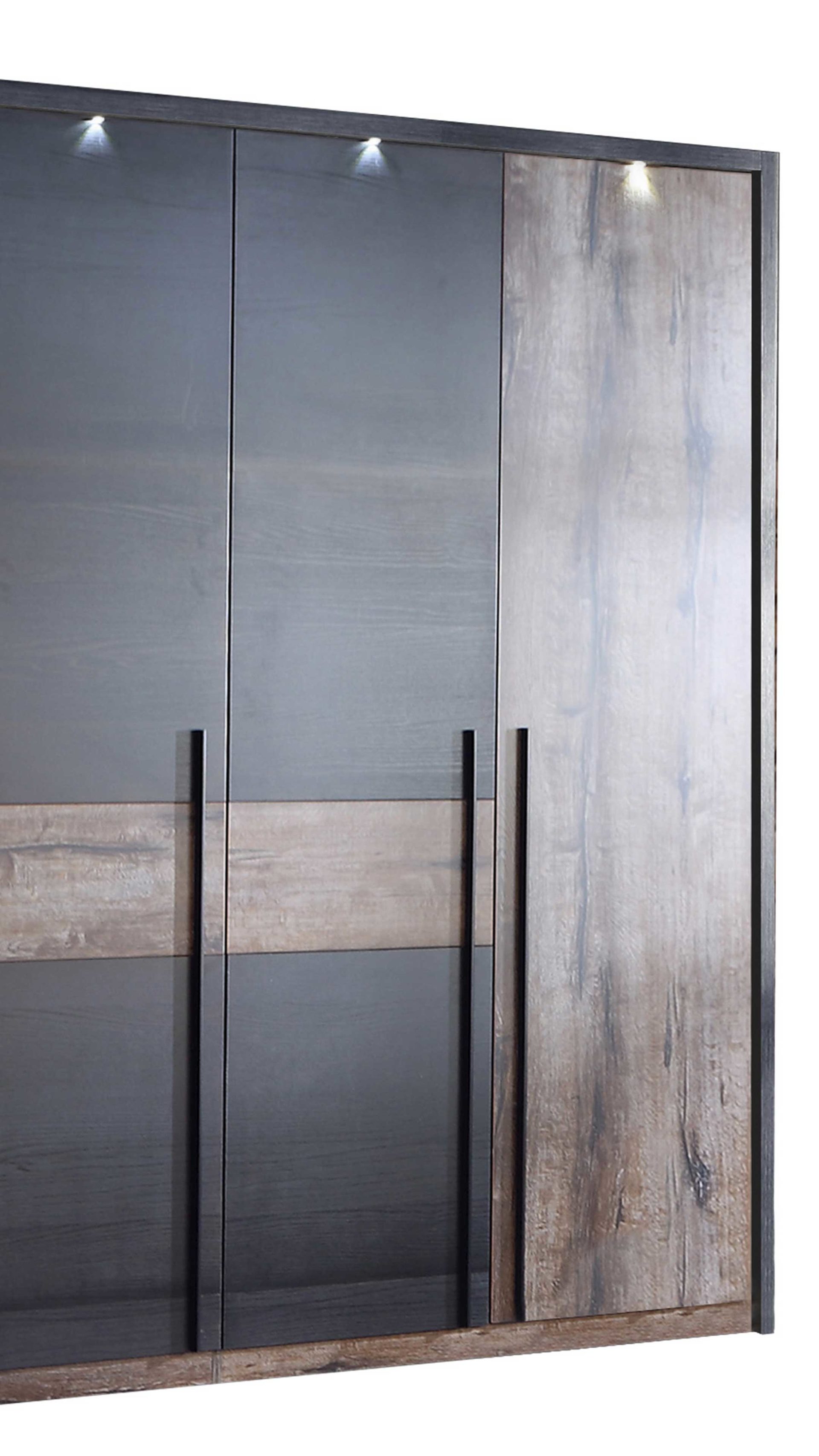 Kleiderschrank Forte® aus Holz in Holzfarben Kleiderschrank Bellevue mit Beleuchtung Schwarzeiche & Schlamm – Breite ca. 261 cm, fünf Türen