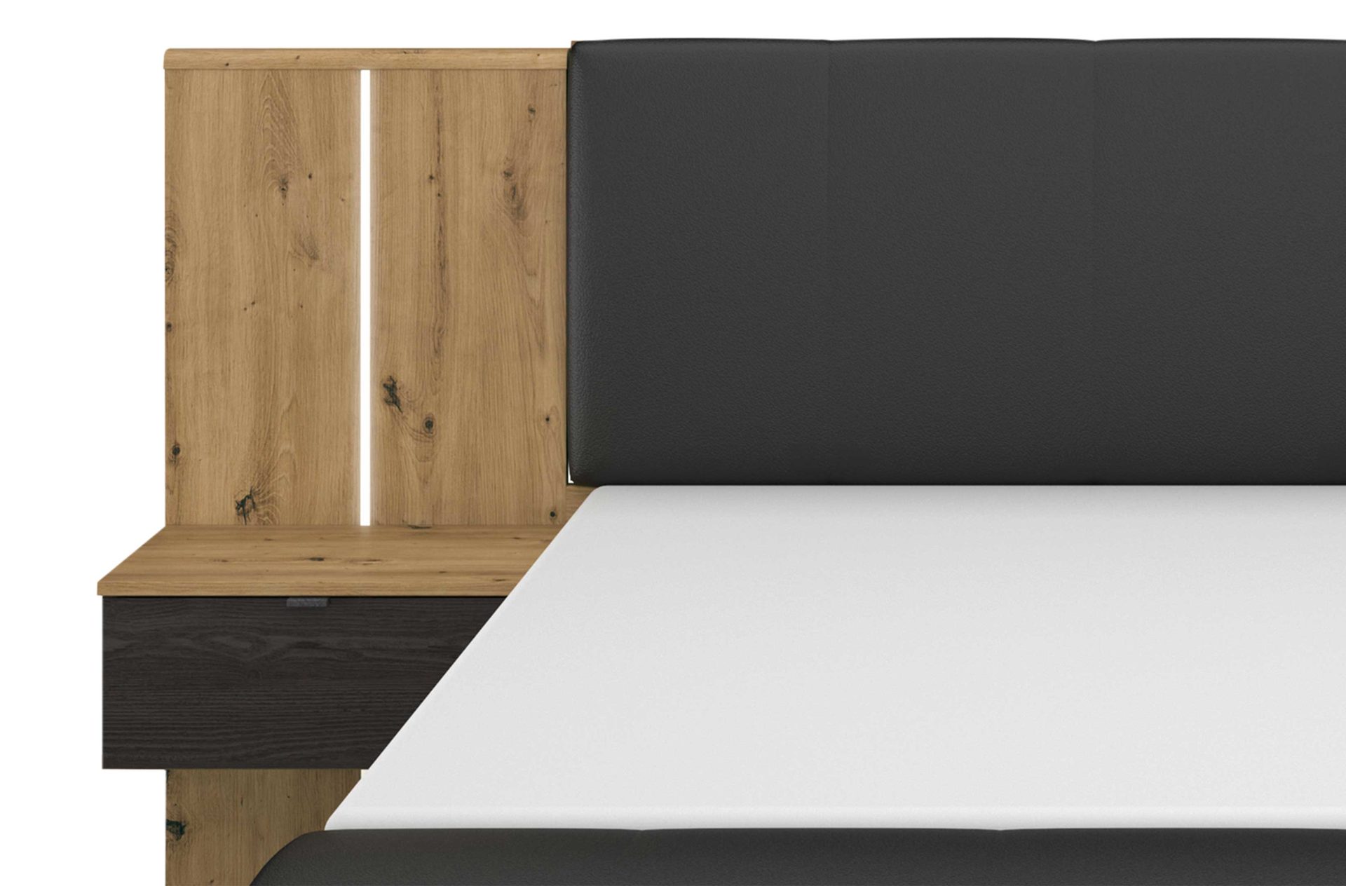 Bettgestell Rauch aus Holz in Holzfarben rauch ORANGE Apollon - Bettanlage mit zwei Hängenachttischen & Beleuchtung Schwarz & Eiche Artisan - Liegefläche ca. 180 x 200 cm