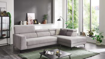 Ecksofa KAWOO aus Stoff in Grau KAWOO Serie 7539 - Ecksofa mit Funktionen platingrauer Breitcord GCT 49 & schwarze Metallfüße - Stellfläche ca. 293 x 201 cm
