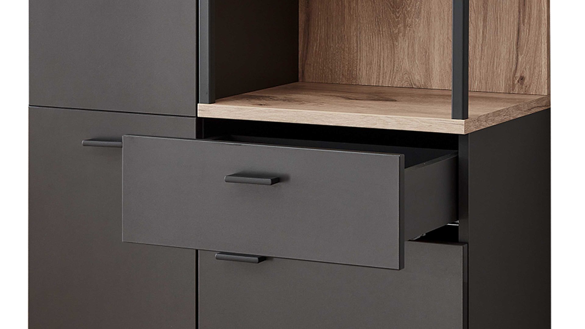 Vitrine Ideal möbel aus Holz in Dunkelgrau Wohnmöbel Serie Mountain - Vitrine Cosmosgrau & Eiche Viking - drei Türen, eine Schublade