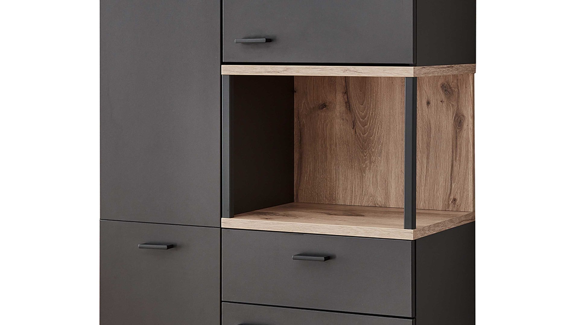 Vitrine Ideal möbel aus Holz in Dunkelgrau Wohnmöbel Serie Mountain - Vitrine Cosmosgrau & Eiche Viking - drei Türen, eine Schublade