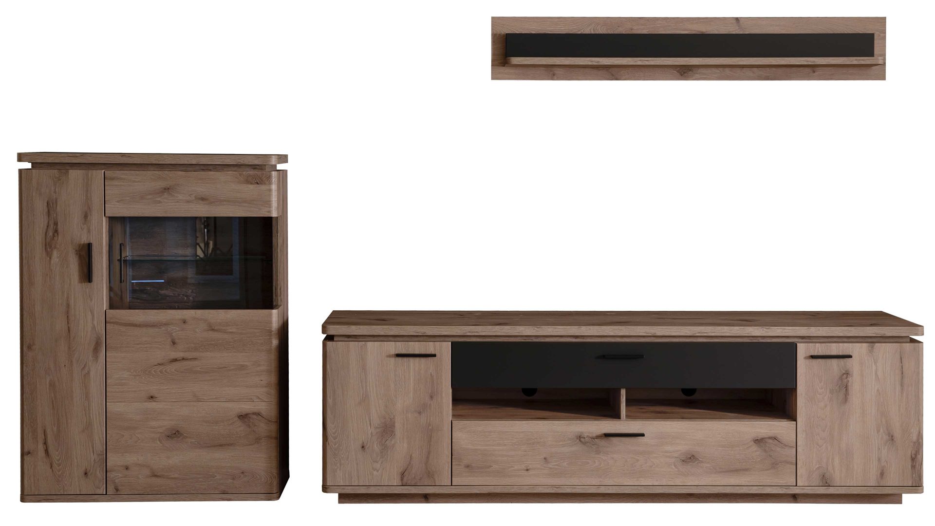 Wohnwand Mca furniture aus Holz in Holzfarben Wohnprogramm Modena - Wohnwand Set 3 Viking Eiche - dreiteilig, Breite ca. 310 cm