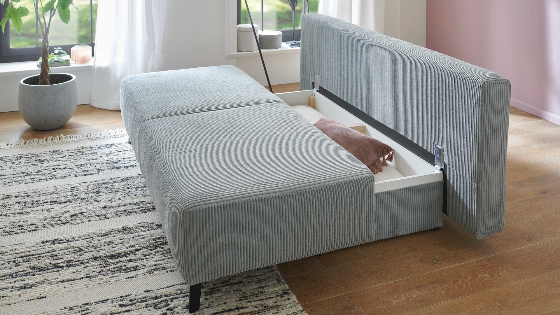 Schlafsofa Restyl aus Stoff in Hellgrau Schlafsofa Sandy grauer Breitcord 6564 & schwarze Metallfüße - Breite ca. 193 cm