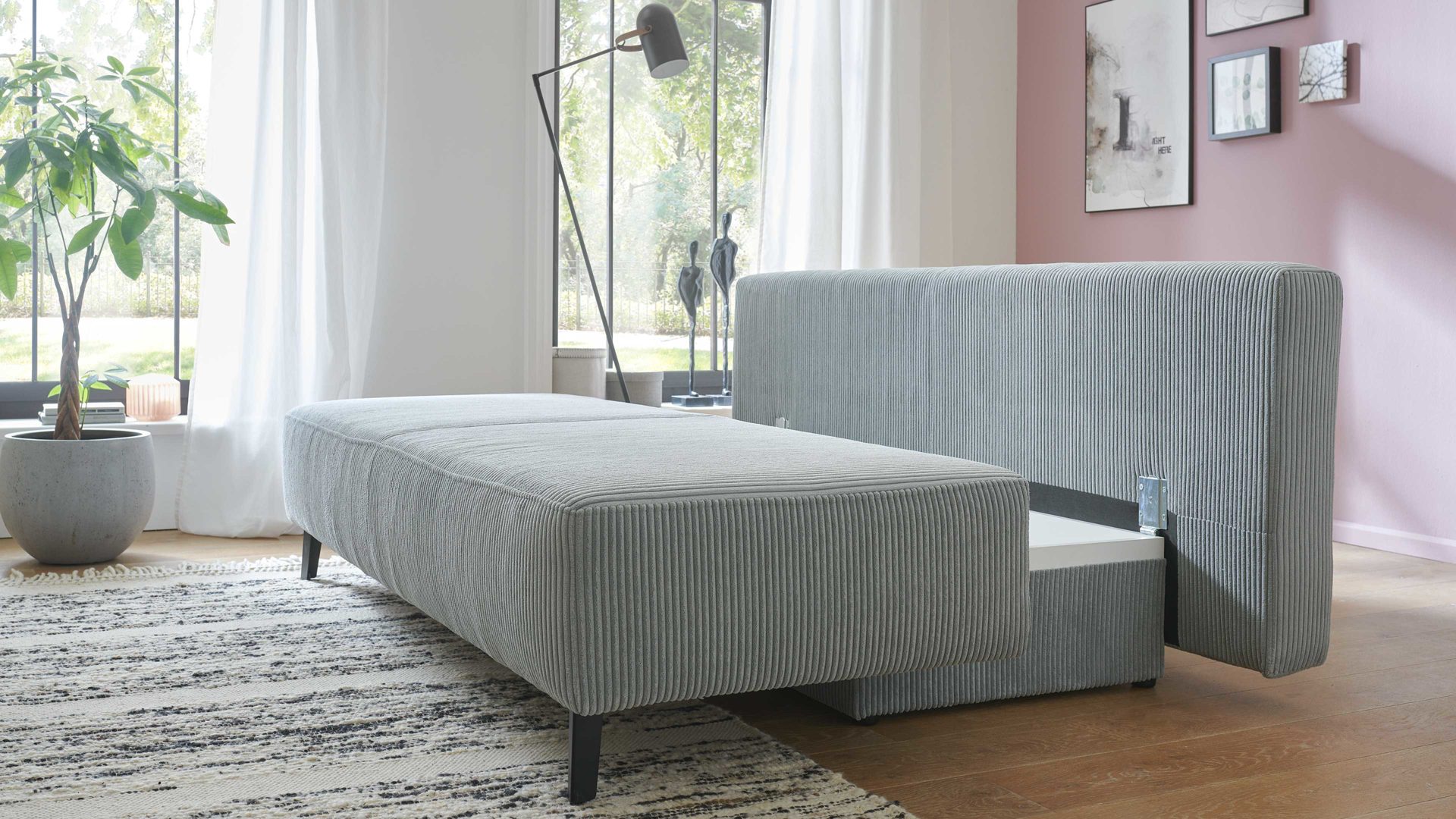 Schlafsofa Restyl aus Stoff in Hellgrau Schlafsofa Sandy grauer Breitcord 6564 & schwarze Metallfüße - Breite ca. 193 cm