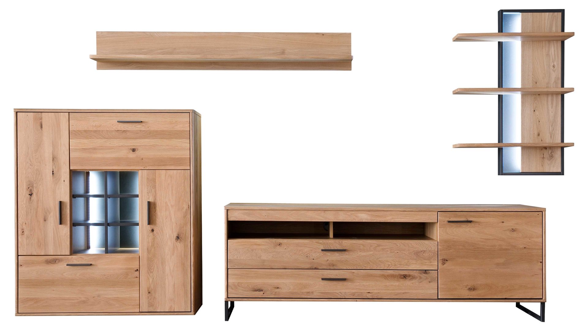 Wohnwand Mca furniture aus Holz in Holzfarben Wohnprogramm Portland - Wohnkombination II Asteiche bianco & Anthrazit – vierteilig, Breite ca. 338 cm
