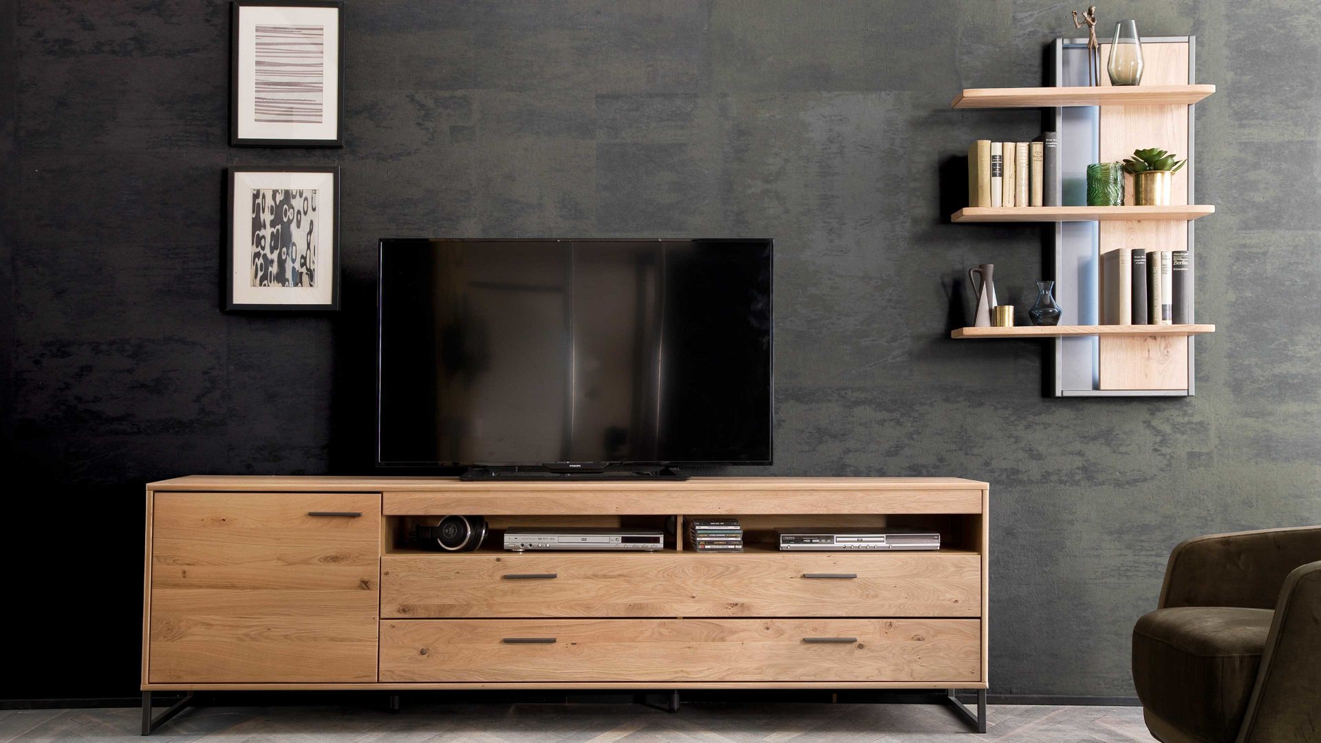 Wohnwand Mca furniture aus Holz in Holzfarben Wohnprogramm Portland - Wohnkombination III Asteiche bianco & Anthrazit – zweiteilig, Breite ca. 265 cm