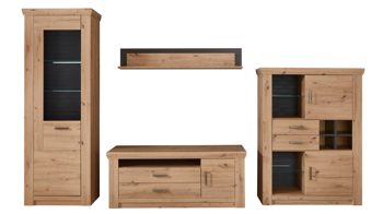 Wohnwand Mca furniture aus Holz in Holzfarben Wohnprogramm Meran - Wohnwand I Balkeneiche & Anthrazit – vierteilig, Breite ca. 336 cm