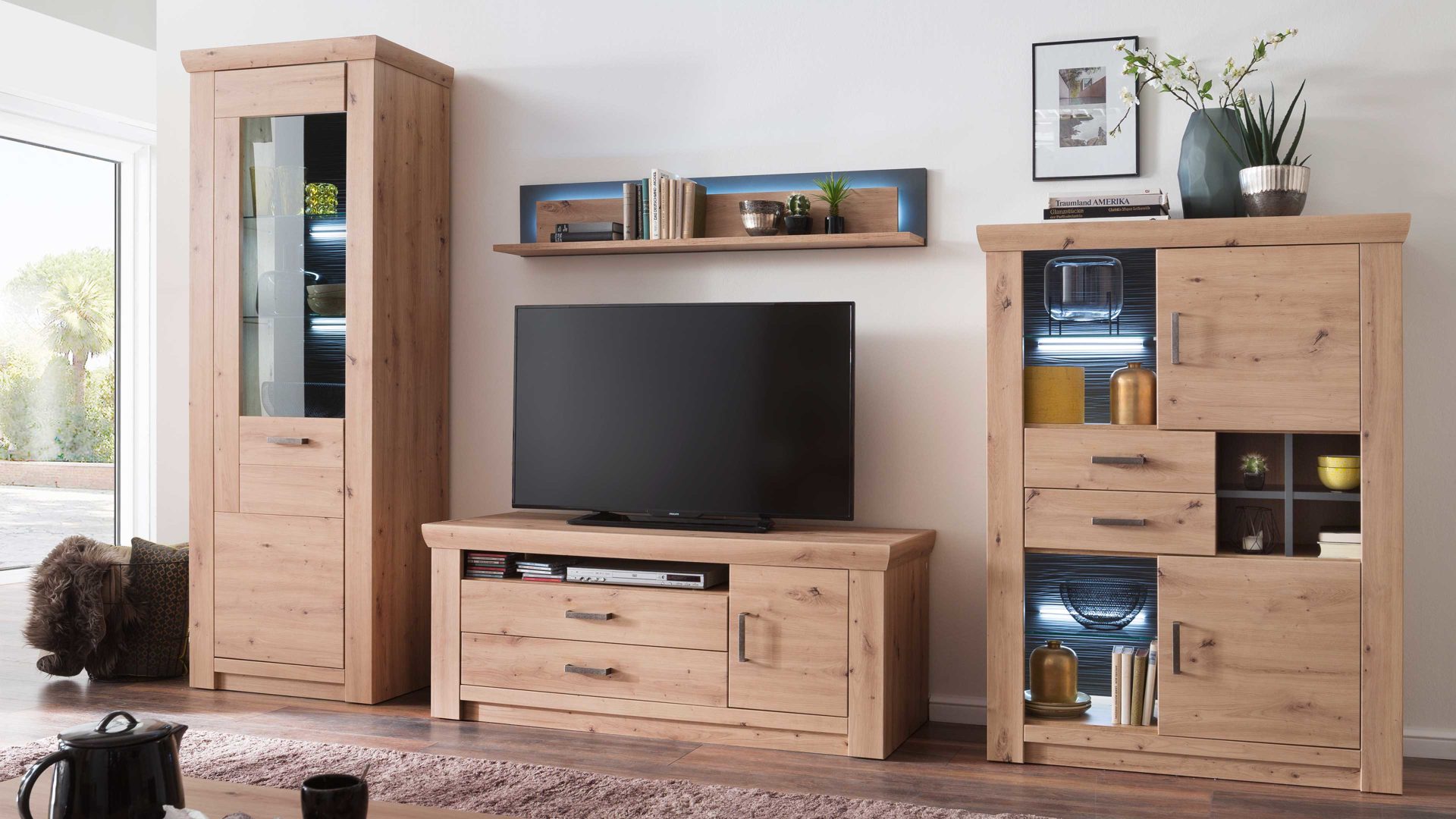 Wohnwand Mca furniture aus Holz in Holzfarben Wohnprogramm Meran - Wohnwand I Balkeneiche & Anthrazit – vierteilig, Breite ca. 336 cm