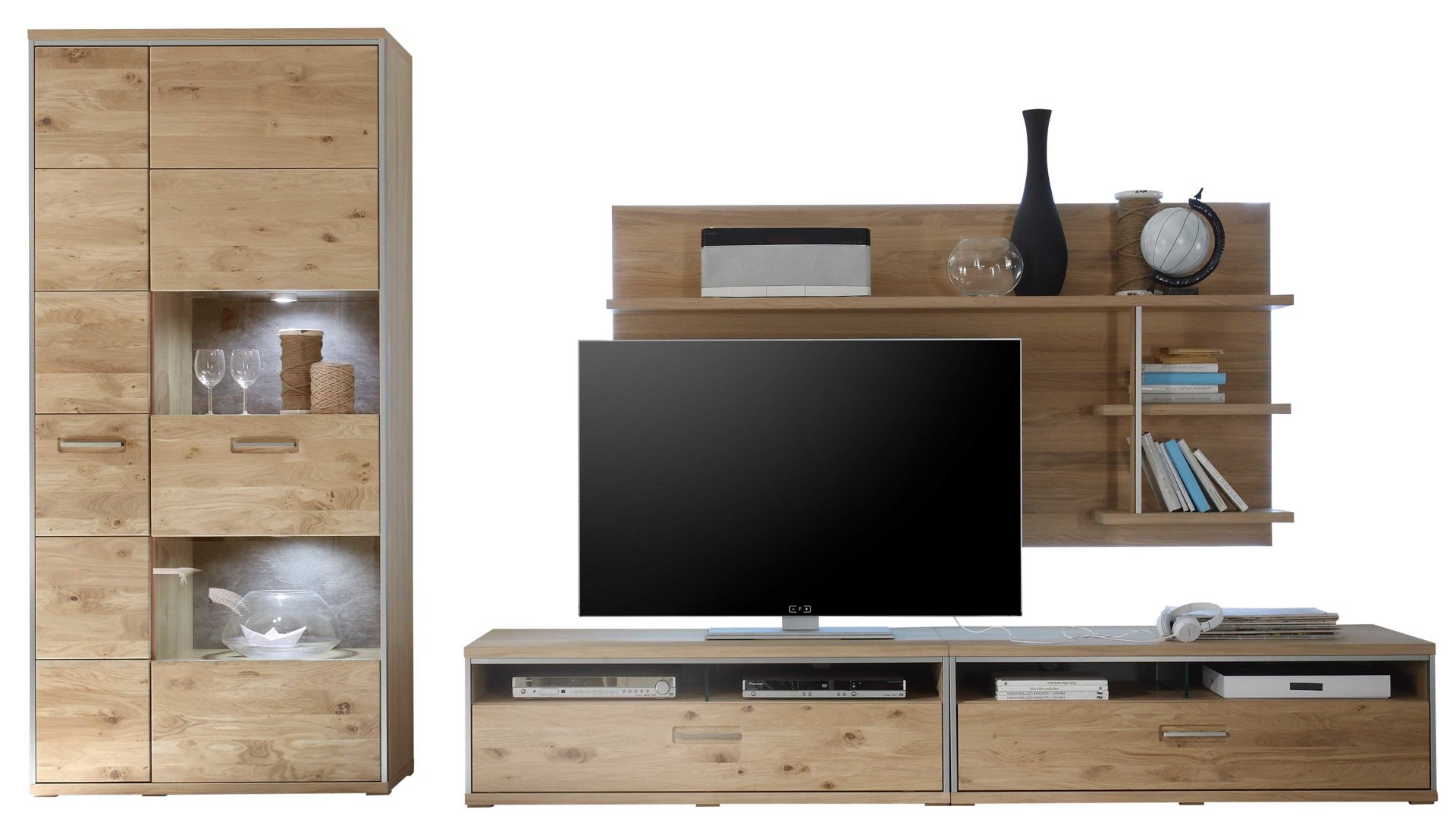 Wohnwand Mca furniture aus Holz in Holzfarben Wohnprogramm Espero - Wohnwand W03 Asteiche bianco – vierteilig, Breite ca. 351 cm