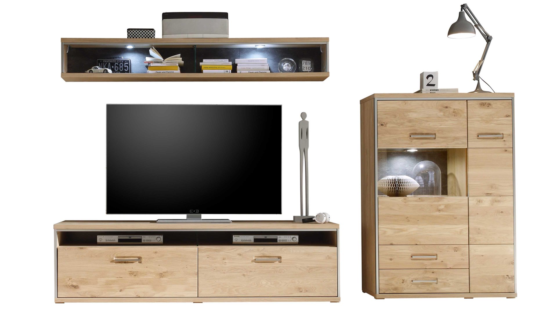 Wohnwand Mca furniture aus Holz in Holzfarben Wohnprogramm Espero - Wohnwand W04 Asteiche bianco – dreiteilig, Breite ca. 288 cm