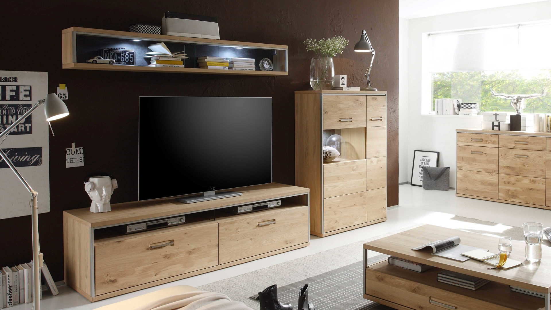 Wohnwand Mca furniture aus Holz in Holzfarben Wohnprogramm Espero - Wohnwand W04 Asteiche bianco – dreiteilig, Breite ca. 288 cm