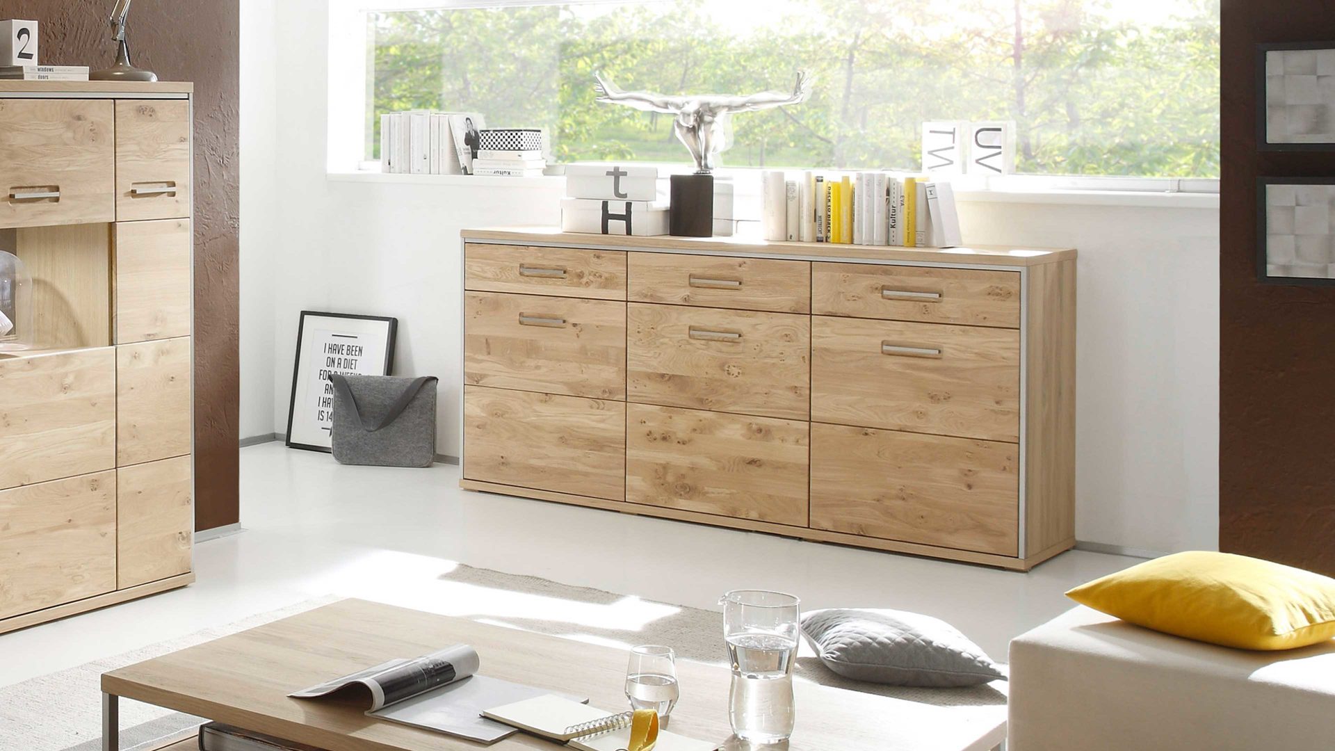 Sideboard Mca furniture aus Holz in Holzfarben Wohnprogramm Espero - Sideboard als stilvolle Kommode Asteiche Bianco – drei Türen, drei Schubladen, Länge ca. 184 cm