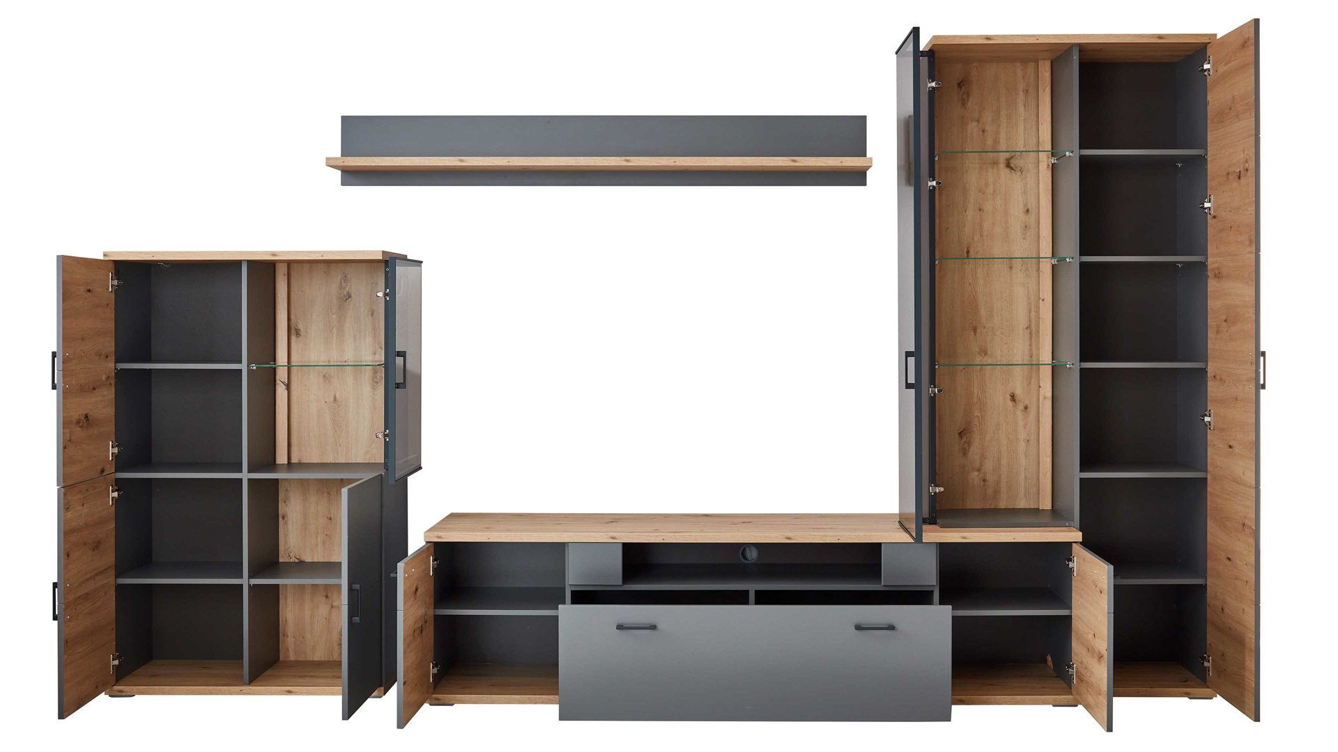 Wohnwand Ideal möbel aus Holz in Grau Wohnwand Houton Grau & Eiche Artisan - 4-teilig - Breite ca. 350 cm