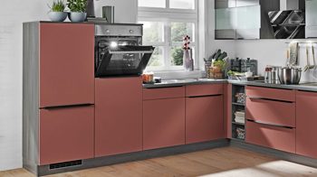 Einbauküche Express küchen aus Holz in Rot EXPRESS KÜCHEN Einbauküche Win mit Einbaugeräten Kaminrot & Eiche Grau - Stellfläche ca. 305 x 230 cm