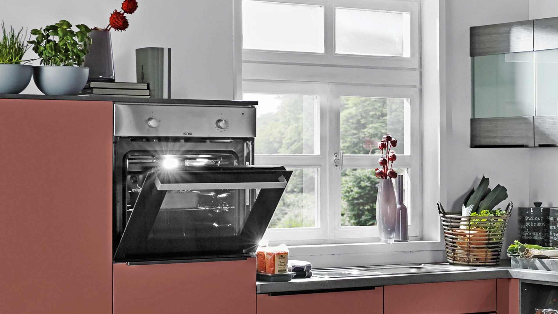 Einbauküche Express küchen aus Holz in Rot EXPRESS KÜCHEN Einbauküche Win mit Einbaugeräten Kaminrot & Eiche Grau - Stellfläche ca. 305 x 230 cm