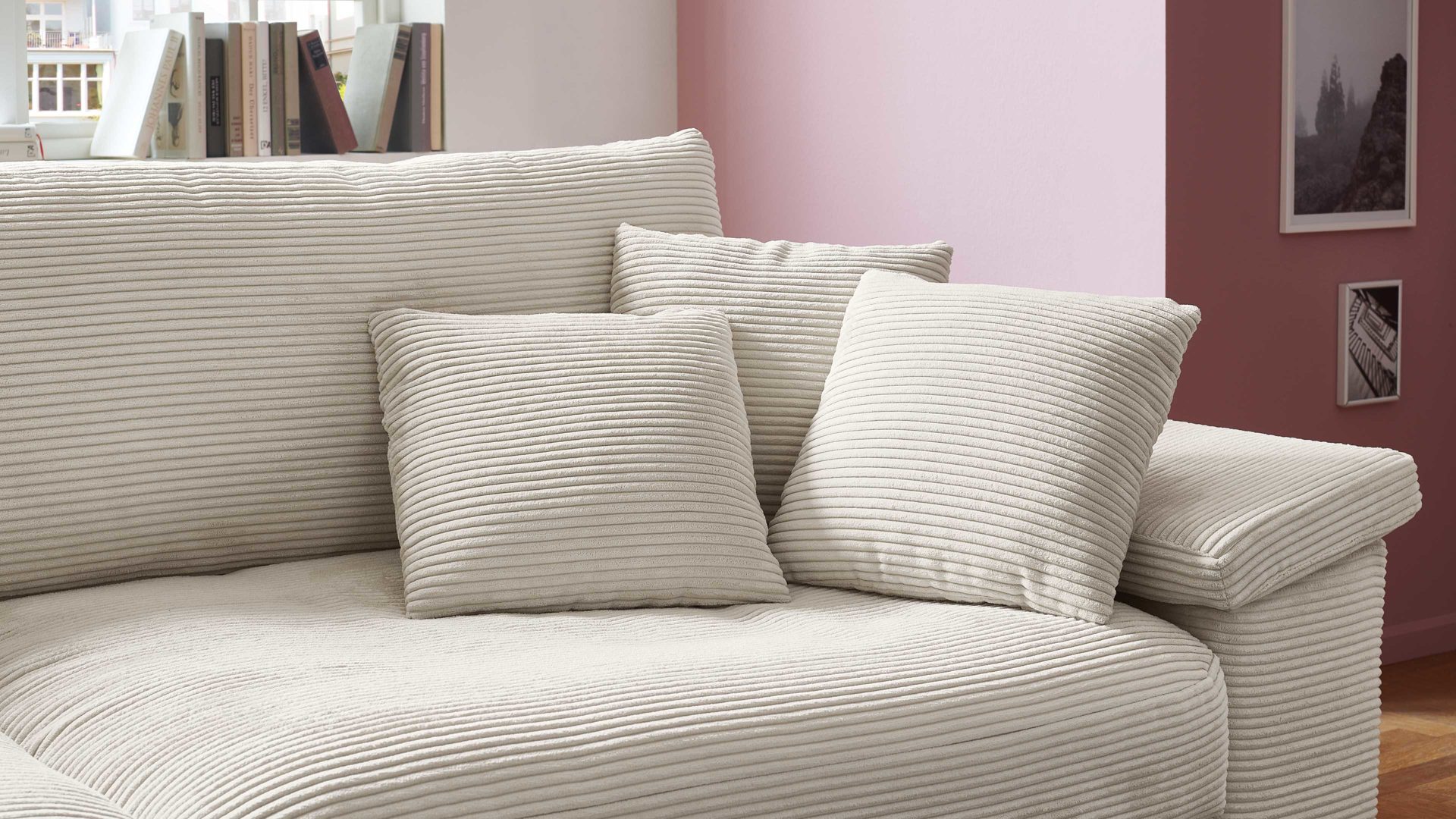 Bigsofa A. z. iwaniccy aus Stoff in Beige Polsterprogramm Spirit - Bigsofa cremefarbener Breitcord Lincoln 03 - Breite ca. 284 cm