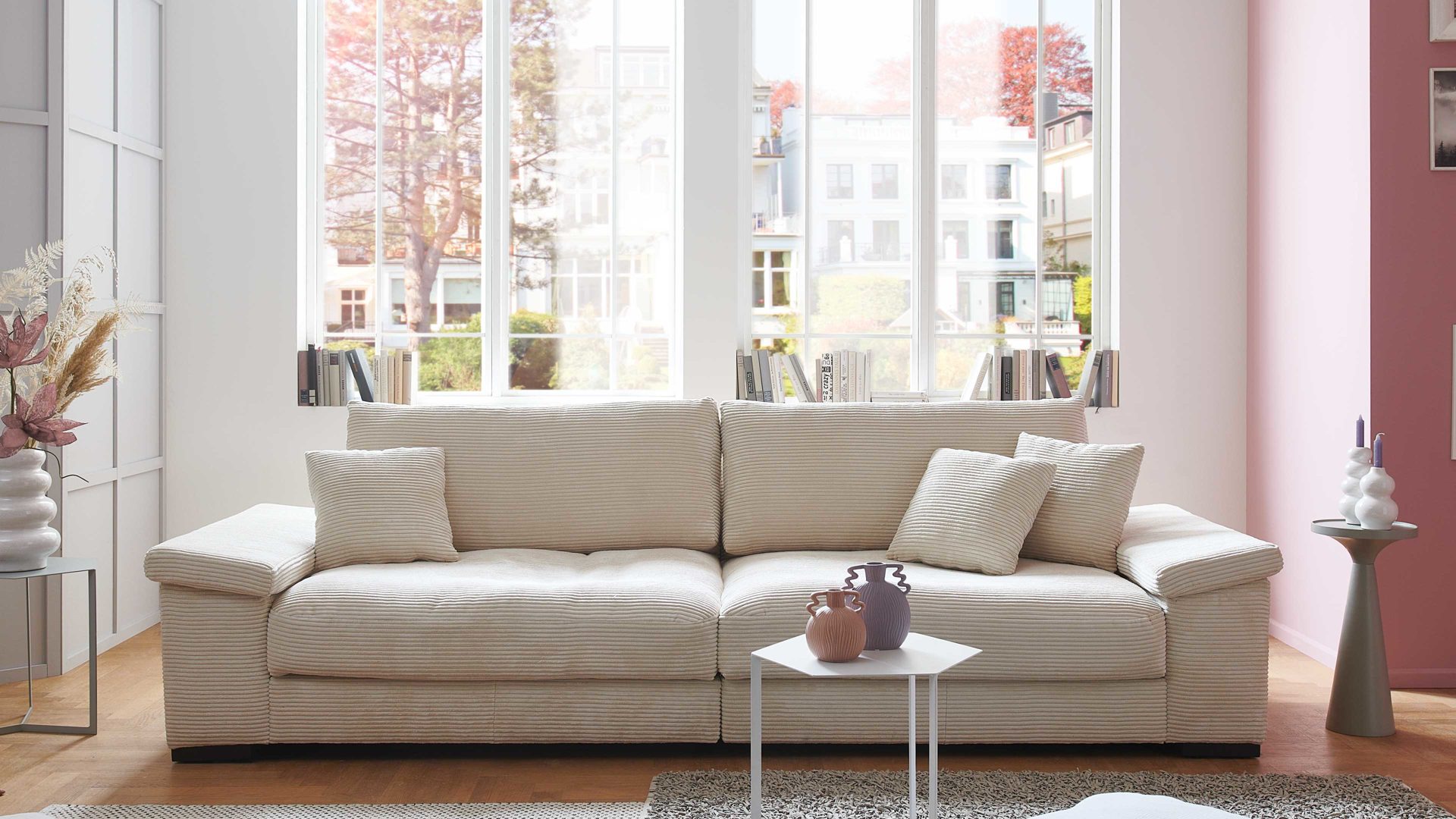 Bigsofa A. z. iwaniccy aus Stoff in Beige Polsterprogramm Spirit - Bigsofa cremefarbener Breitcord Lincoln 03 - Breite ca. 284 cm