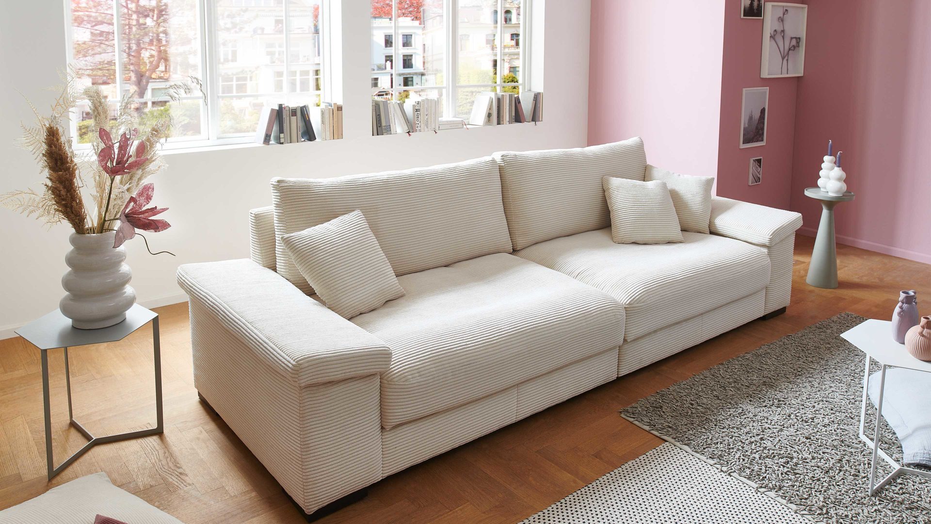 Bigsofa A. z. iwaniccy aus Stoff in Beige Polsterprogramm Spirit - Bigsofa cremefarbener Breitcord Lincoln 03 - Breite ca. 284 cm