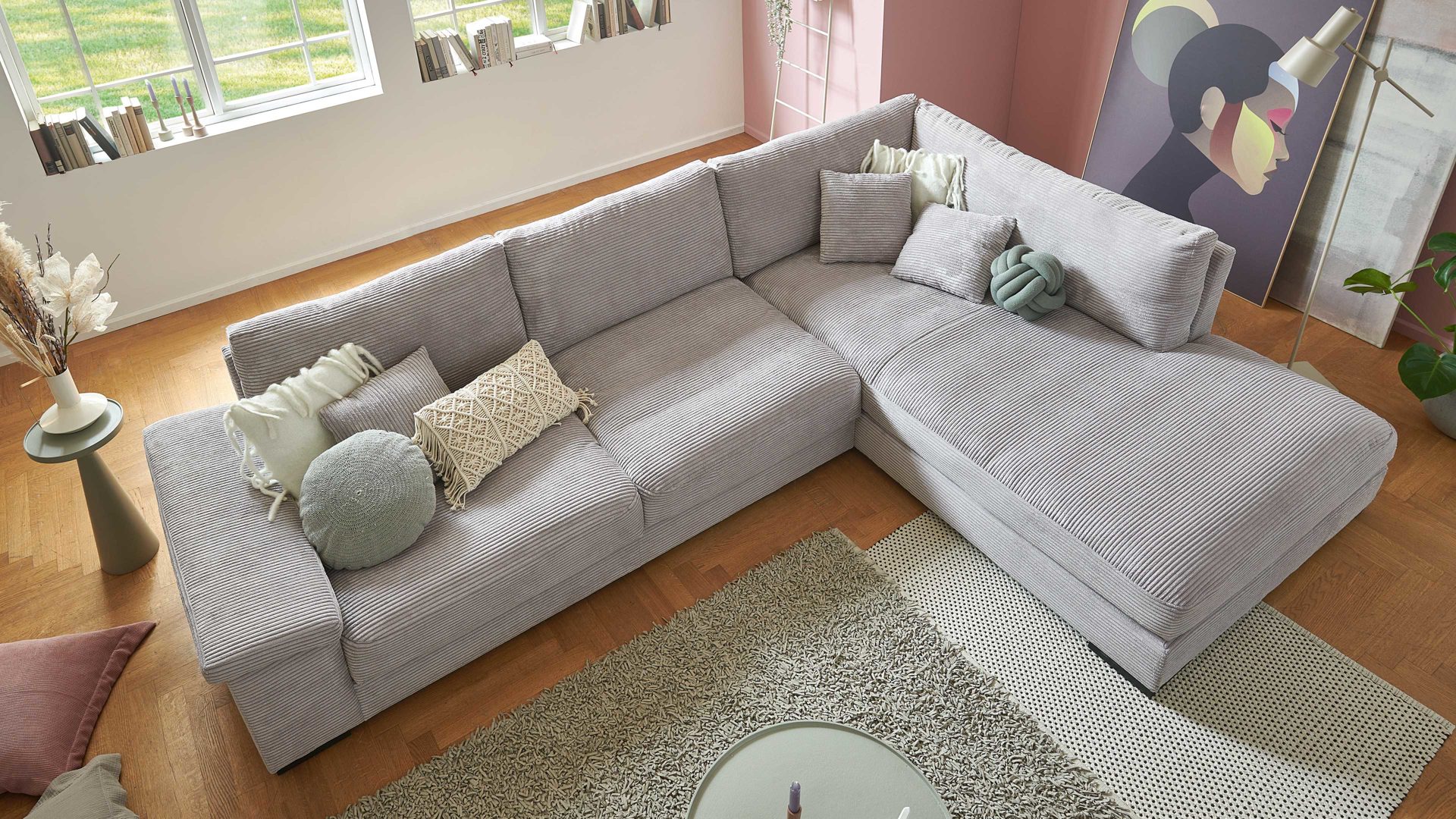 Ecksofa A. z. iwaniccy aus Stoff in Hellgrau Polsterprogramm Spirit - Ecksofa hellgrauer Breitcord Lincoln 86 - Stellfläche ca. 333 x 223 cm