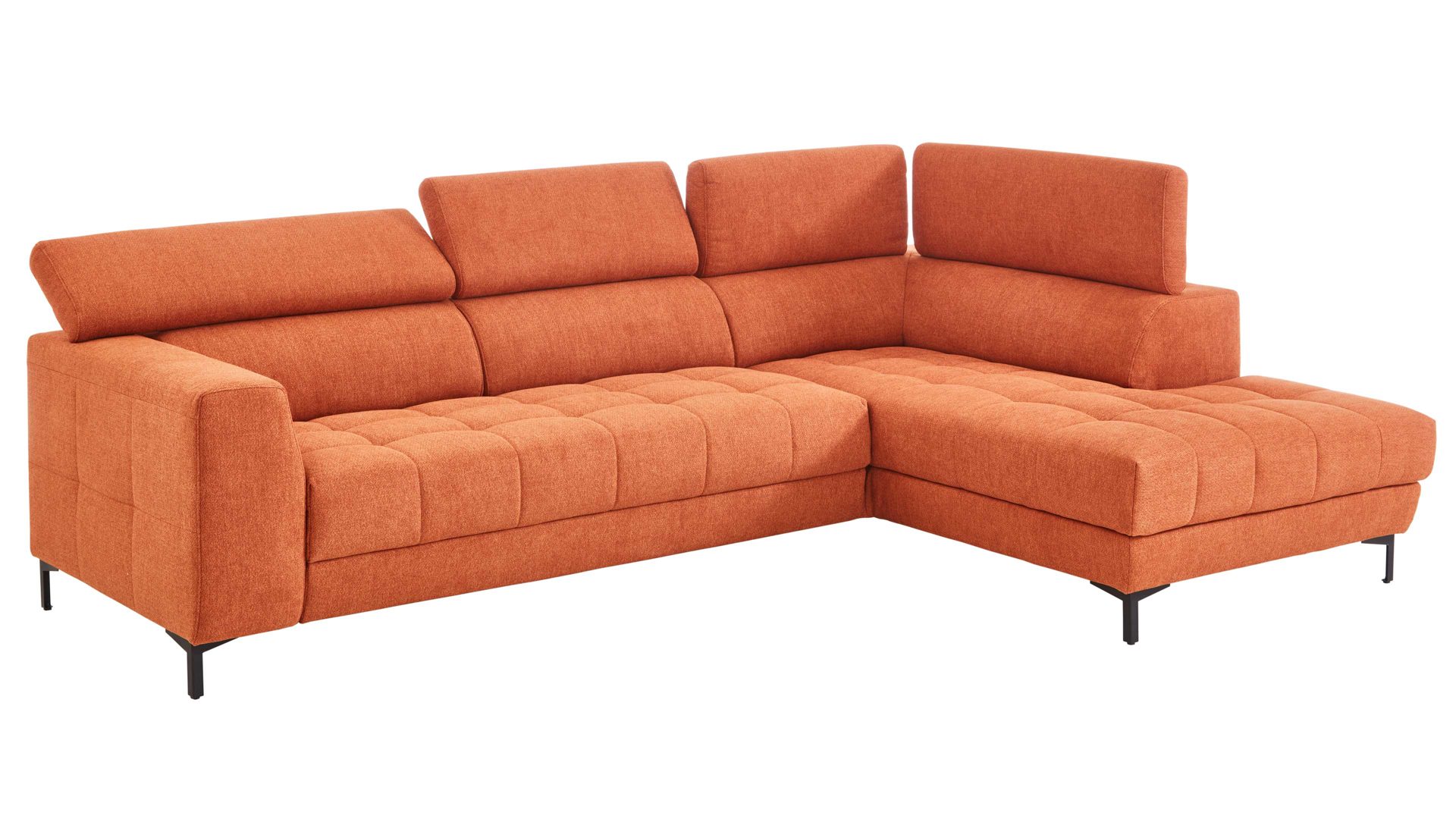 Ecksofa KAWOO aus Stoff in Orange KAWOO Serie 7567 - Ecksofa Signal-oranger Strukturstoff TCM 727 & schwarze Metallfüße S17 - ca. 293 x 201 cm