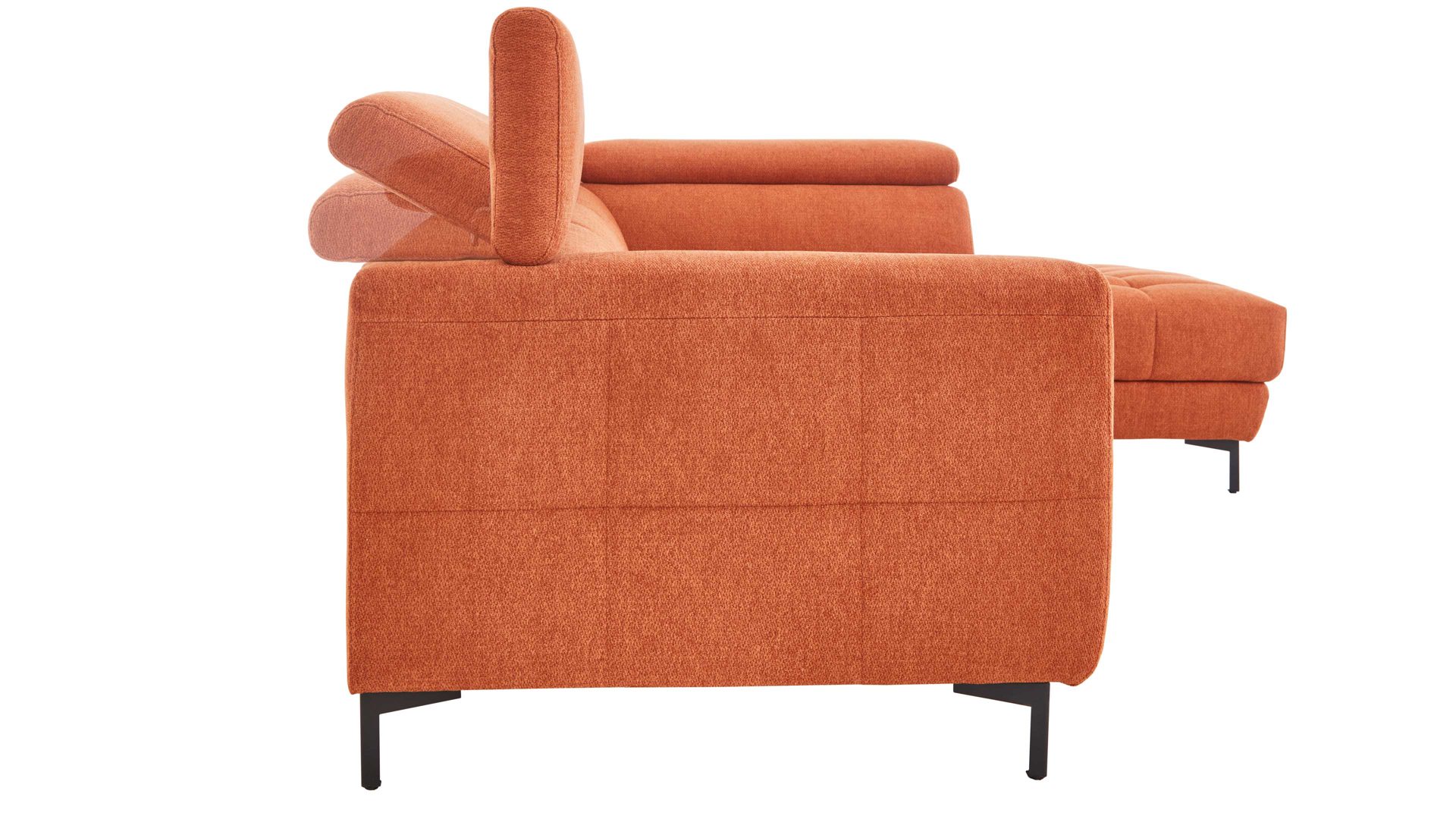 Ecksofa KAWOO aus Stoff in Orange KAWOO Serie 7567 - Ecksofa Signal-oranger Strukturstoff TCM 727 & schwarze Metallfüße S17 - ca. 293 x 201 cm