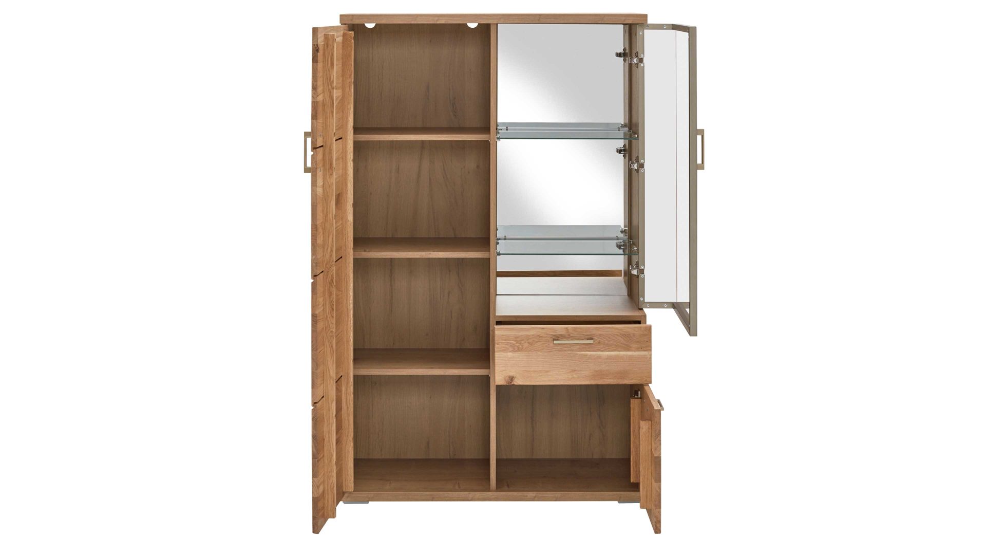 Vitrine Ideal möbel aus Holz in Holzfarben Wohnprogramm Brilon - Vitrine Alteiche & braunes Parsolglas – drei Türen, eine Schublade - Höhe ca. 143 cm