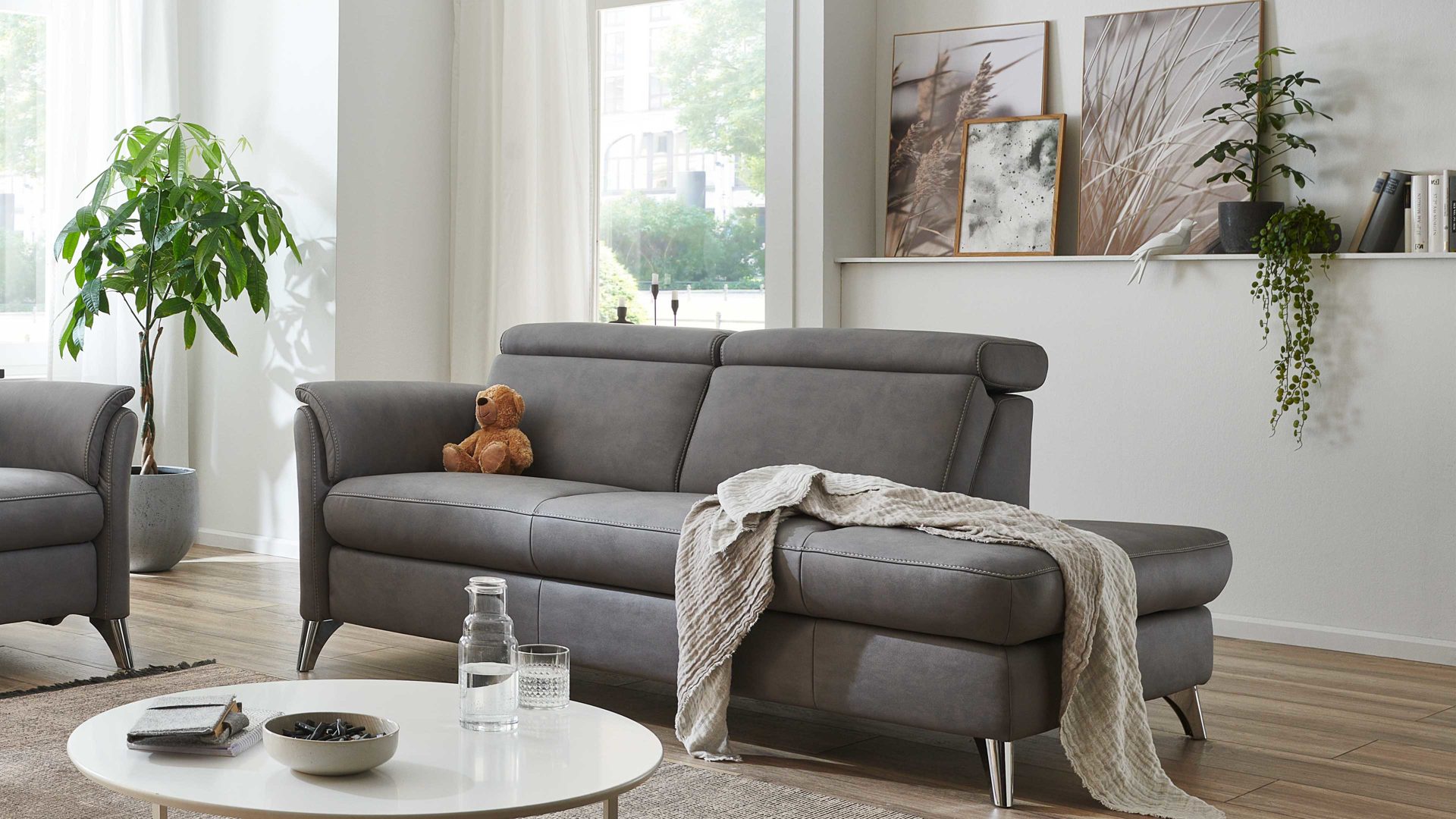 Recamiere Steinpol polsteria aus Stoff in Grau Polsterprogramm Relaxa 6.0 Plus PSG XC - Recamiere graue Mikrofaser Kevin - Länge ca. 198 cm