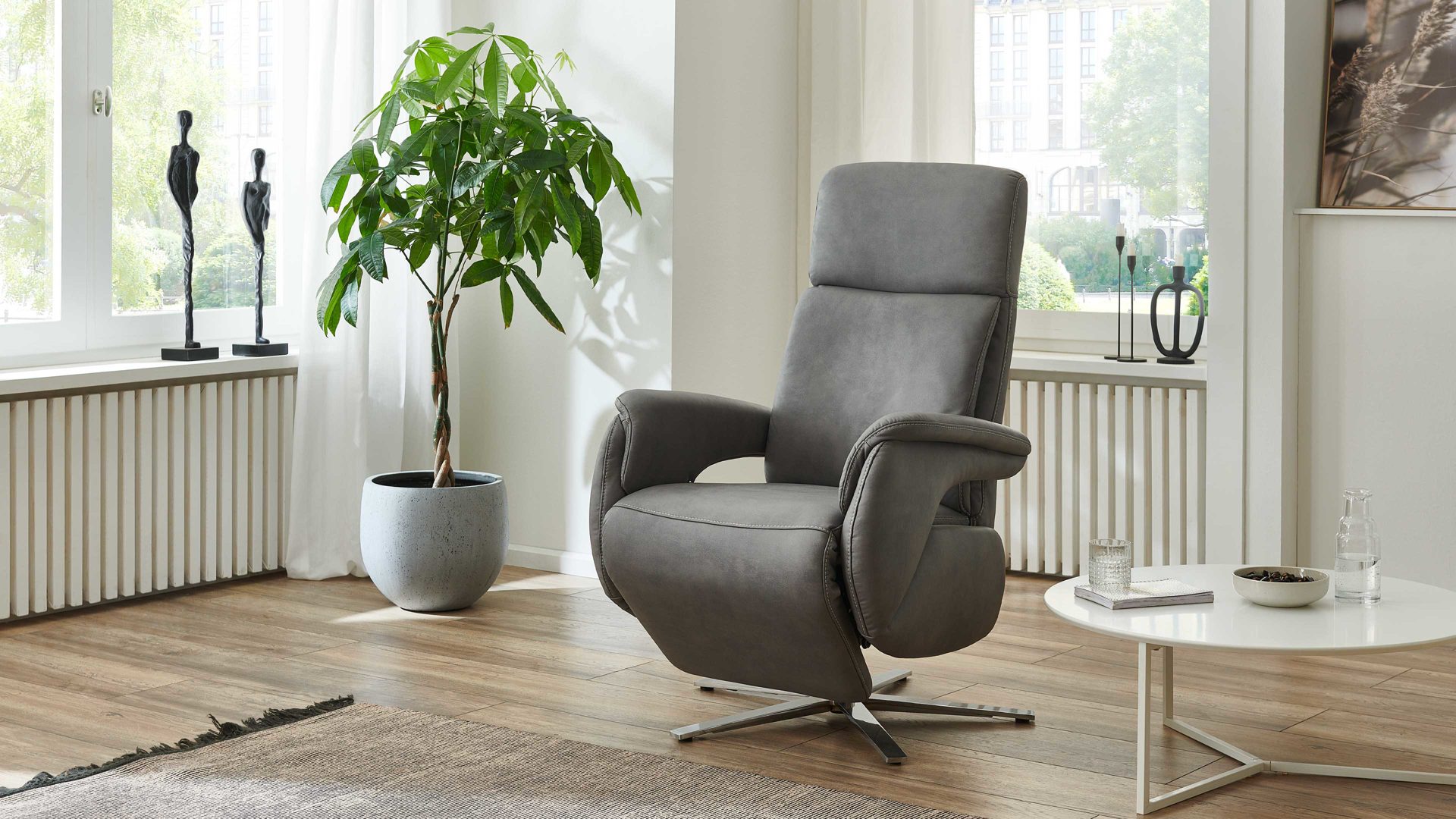 Relaxsessel Steinpol polsteria aus Kunstfaser in Grau Polsterprogramm Relaxa 6.0 Plus PSG XC - Relaxsessel graue Mikrofaser Kevin & Chrom-Sternfuß