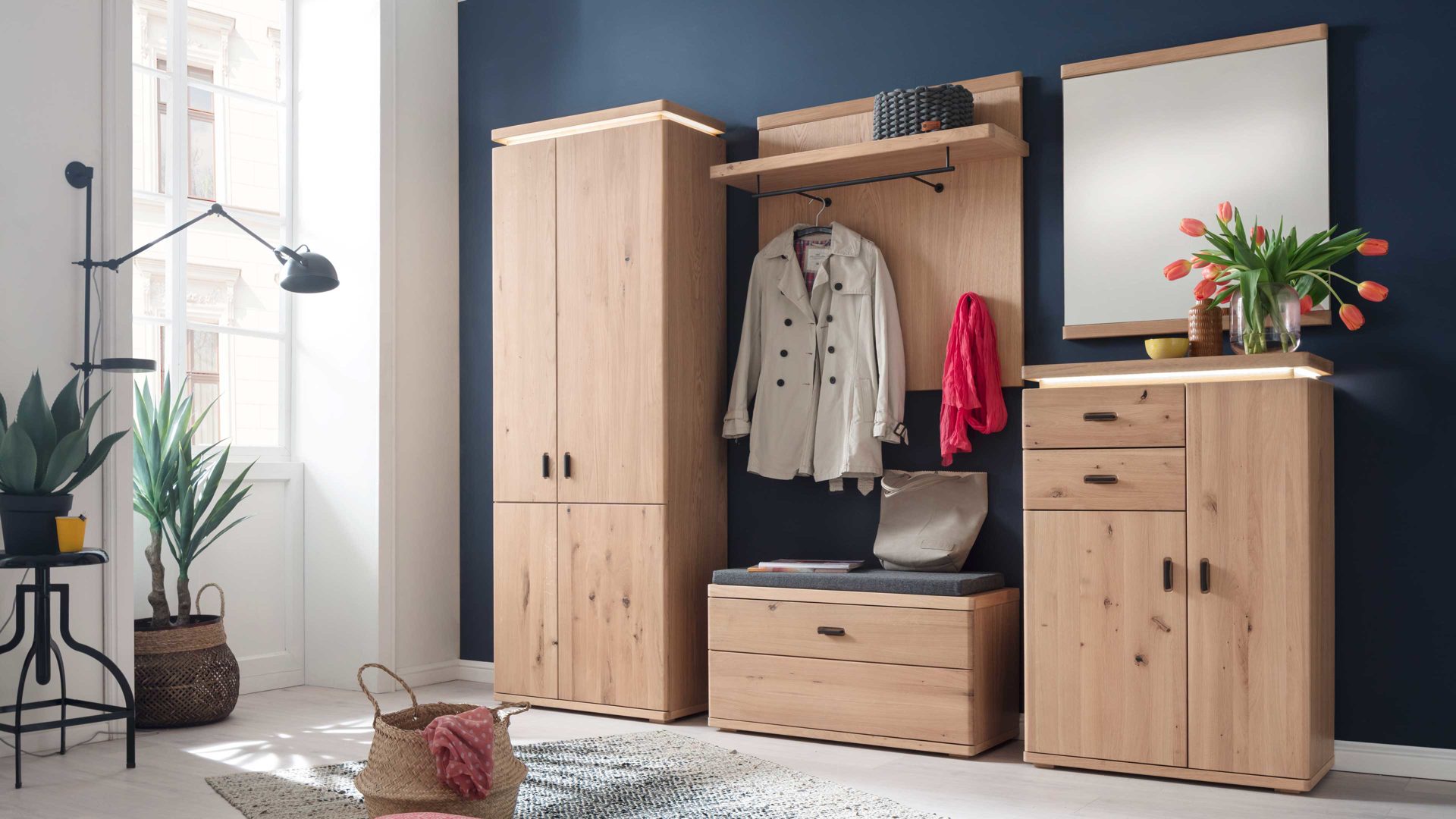 Garderoben-Set Mca furniture aus Holz in Holzfarben Garderobenprogramm Barcelona - Kombination 1 geölte Wildeiche – fünfteilig, Breite ca. 260 cm