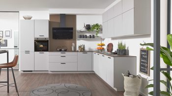 Einbauküche culineo® aus Holz in Hellgrau Culineo® Einbauküche C317 mit beko Einbaugeräten Steingrau & Nussbaum - Stellfläche ca. 365 x 363 cm