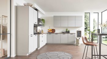 Einbauküche culineo® aus Holz in Hellgrau Culineo® Einbauküche C317 mit beko Einbaugeräten Steingrau & Nussbaum - Stellfläche ca. 365 x 363 cm