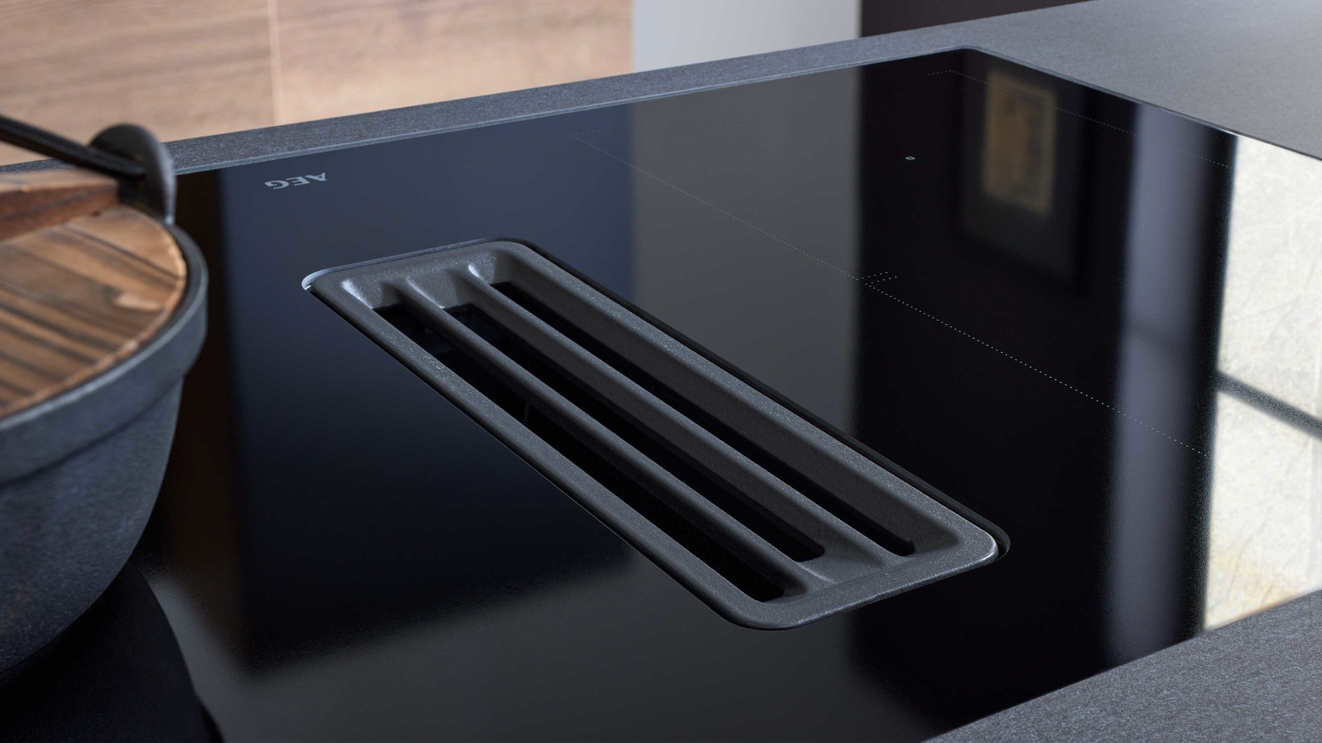 Einbauküche culineo® aus Holz in Holzfarben Culineo® Einbauküche C382 mit AEG Einbaugeräten Eiche Havanna & Grauschiefer - zweizeilig