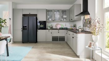 Einbauküche culineo® aus Holz in Hellgrau Culineo® Einbauküche C684 mit gorenje  Einbaugeräten Steingrau - Stellfläche ca. 420 x 335 cm