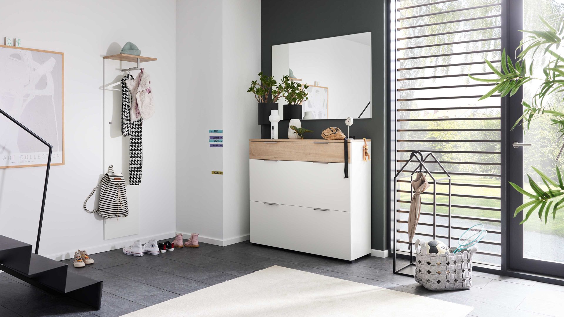 Garderoben-Set Interliving aus Holz in Weiß Interliving Garderobe Serie 6012 - Garderoben-Set 01 weißer Mattlack & Steineiche - dreiteilig