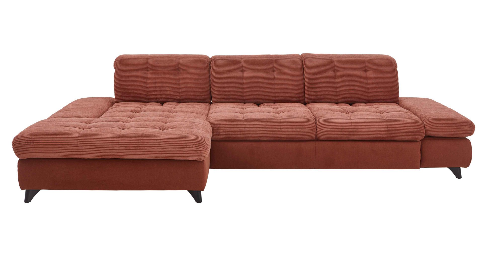 Ecksofa KAWOO aus Stoff in Orange KAWOO Polstermöbel Santa Rosa - Ecksofa kupferfarbene Bezüge Lincoln & Miranda, schwarze Metallfüße - Stellfläche ca.  199 x 307 cm