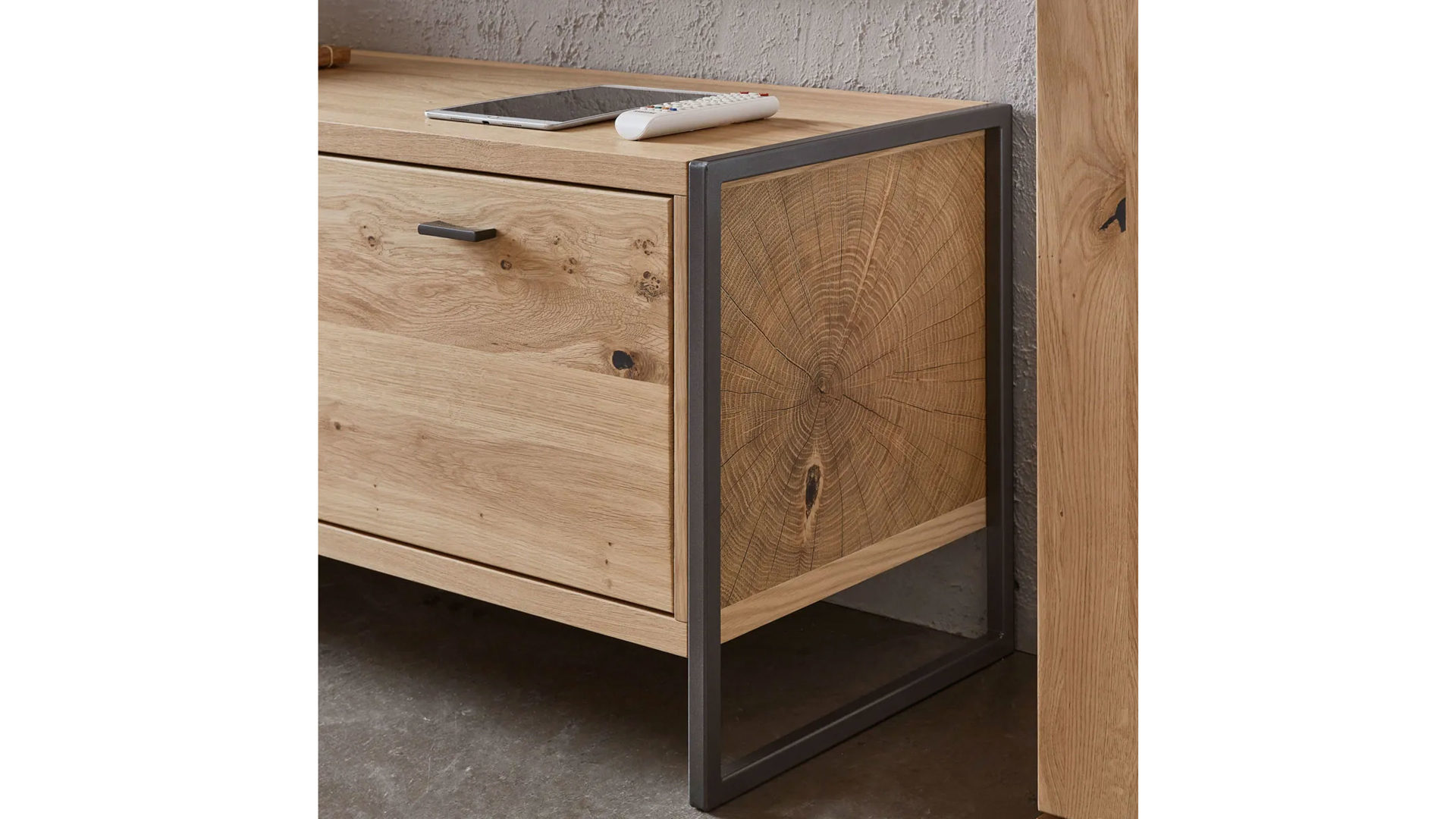 Wohnwand Ideal möbel aus Holz in Holzfarben Wohnprogramm Flora - Wohnwand Alteiche Bianco – vierteilig, Breite ca. 326 cm