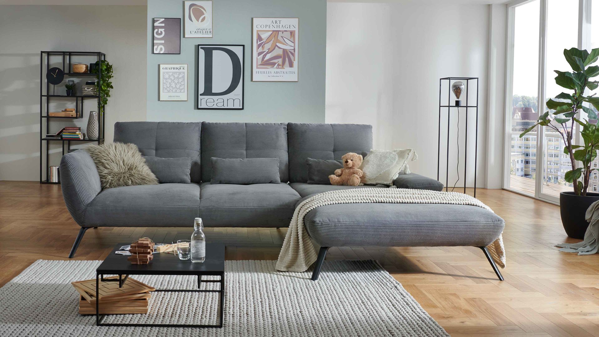 Ecksofa KAWOO aus Stoff in Grau KAWOO Polsterprogramm Dover XC - Ecksofa grauer Cordbezug - Stellfläche ca. 301 x 191 cm