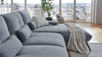 Ecksofa KAWOO aus Stoff in Grau KAWOO Polsterprogramm Dover XC - Ecksofa grauer Cordbezug - Stellfläche ca. 301 x 191 cm
