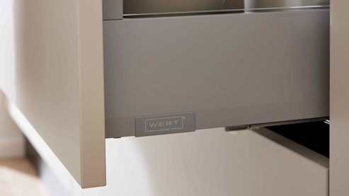 Einbauküche WERT KÜCHE® aus Holz in Grau WERT KÜCHE® Mattea mit Side by Side Kühl-Gefrierkombi Kieselgrau & Wildeiche - zweizeilig