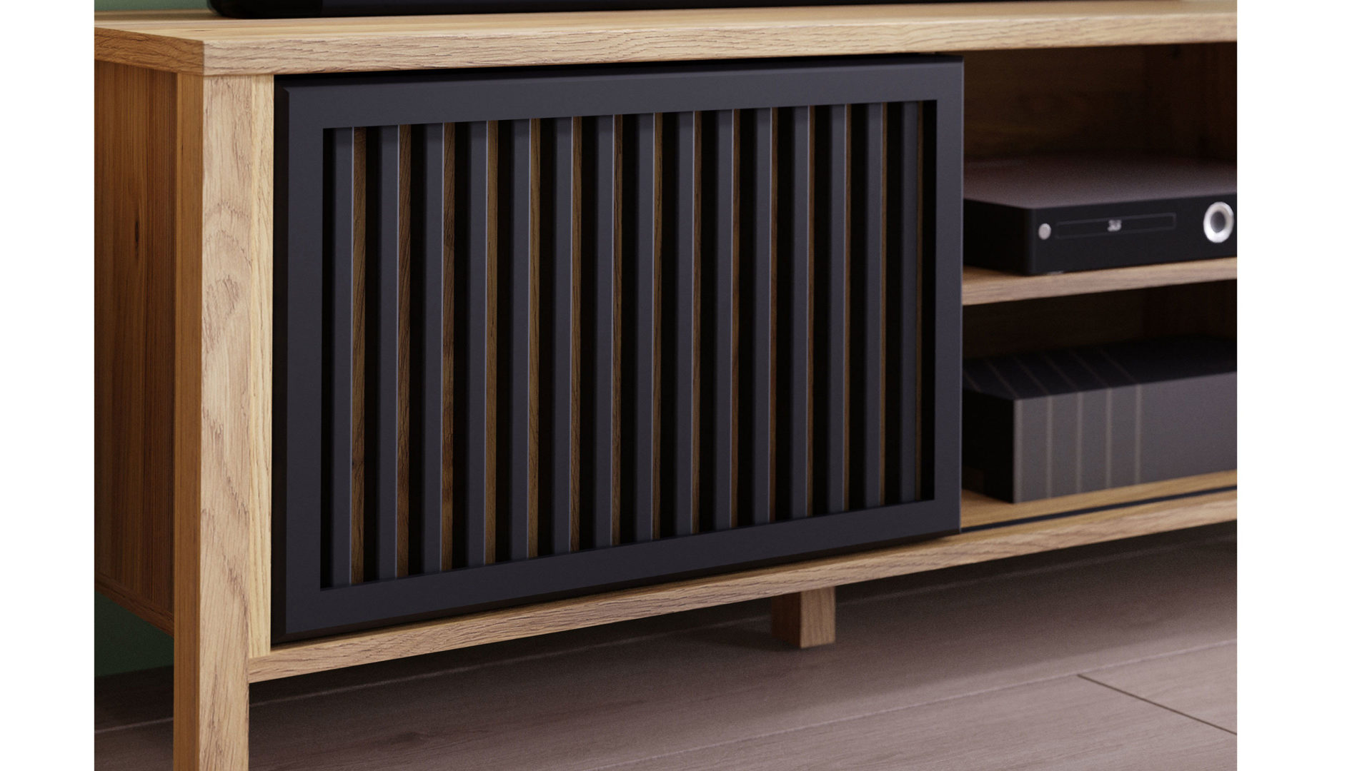 Lowboard Forte® aus Holz in Holzfarben Wohnprogramm Jytana  - Lowboard Mauvella Eiche & Schwarz – Breite ca. 175 cm