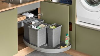 Einbauküche Interliving aus Holz in Grün Interliving Küche Serie 3074 - Hauswirtschaftsraumlösung Olive & Vulkaneiche – Stellfläche ca. 190 x 275 cm