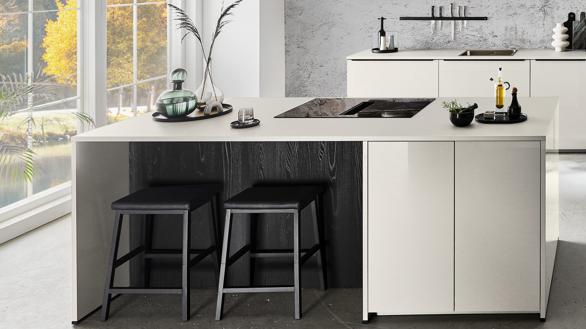 Einbauküche Nolte® küchen aus Holz in Hellgrau nolte® Einbauküche Lux mit privileg Einbaugeräten Platingrau & Eiche Nero – dreizeilig