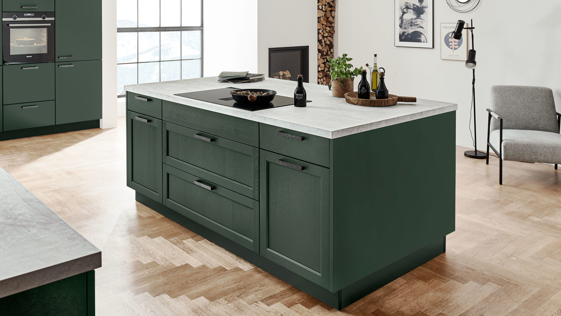 Einbauküche Nolte® küchen aus Holz in Dunkelgrün nolte® Einbauküche Lugano mit SIEMENS Einbaugeräten Black Green – dreizeilig